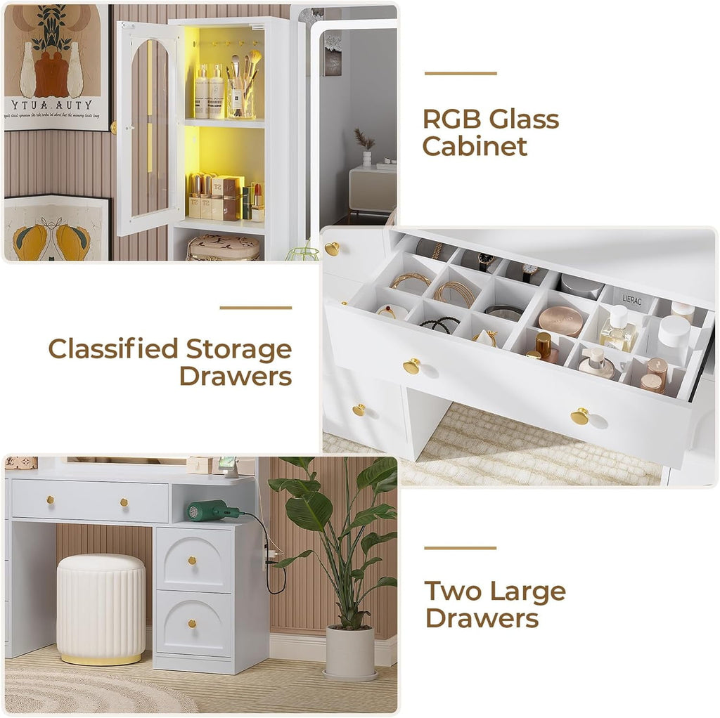 Aunfebrco Makeup Vanity Desk with Lighted Mirror and Drawers, Vanity Desk Table Dressing Table with Charging Station & Lights for Bedroom, White