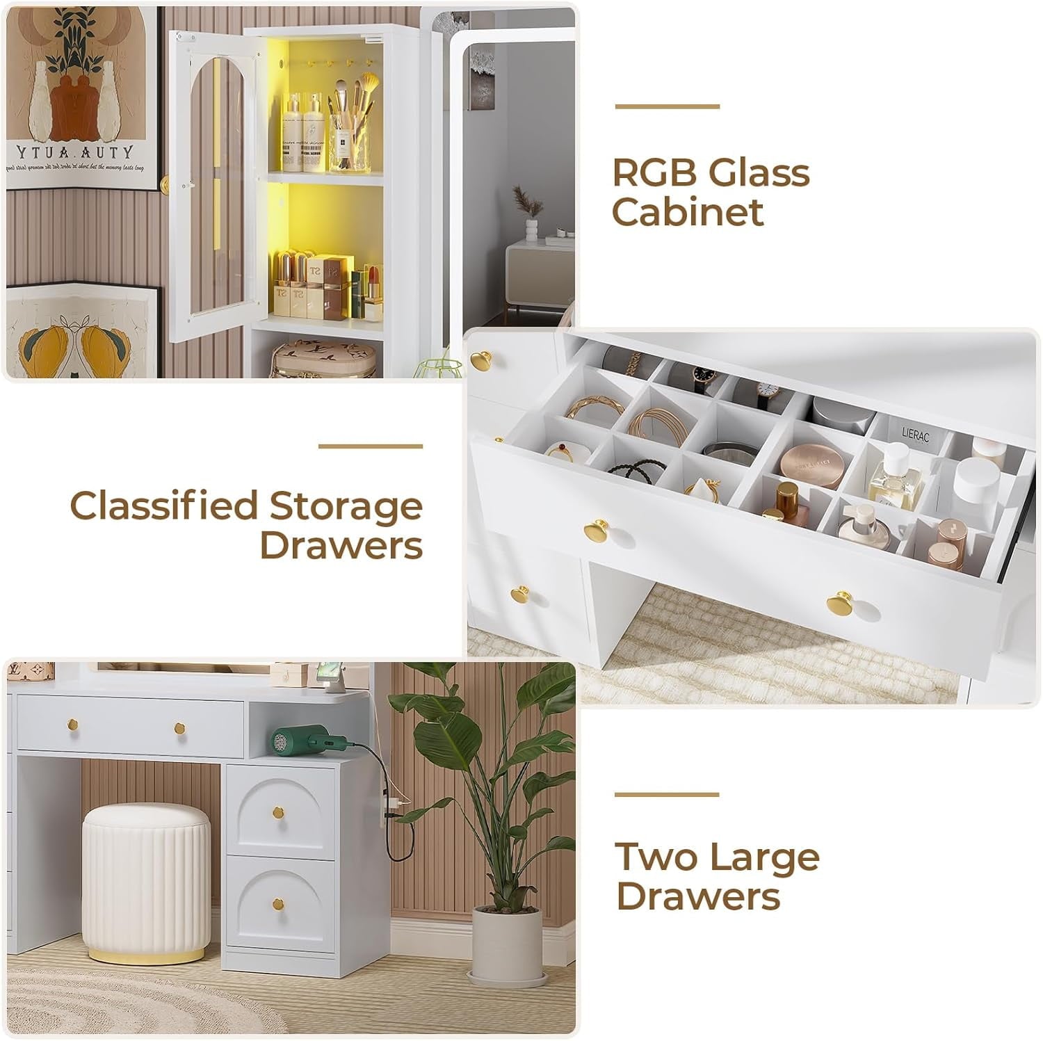 Aunfebrco Makeup Vanity Desk with Lighted Mirror and Drawers, Vanity Desk Table Dressing Table with Charging Station & Lights for Bedroom, White