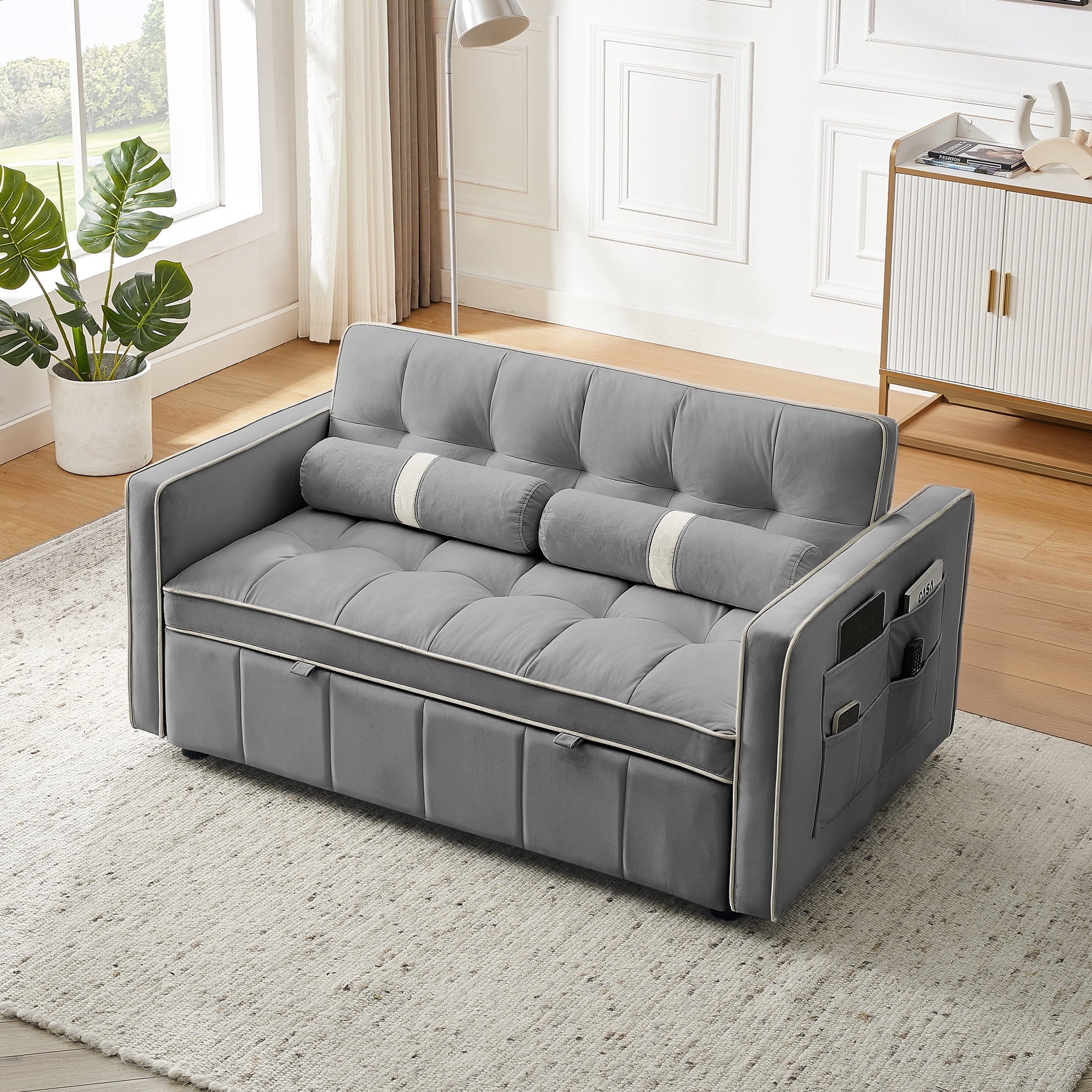 3 in 1 Convertible Sleeper Sofa Bed,55" Modern Velvet Sofa Couch Bed with 2 Lumbar Pillows and Adjsutable Backrest,2 Seater Loveseats Sofa for Apartment Office Living Room,Gray