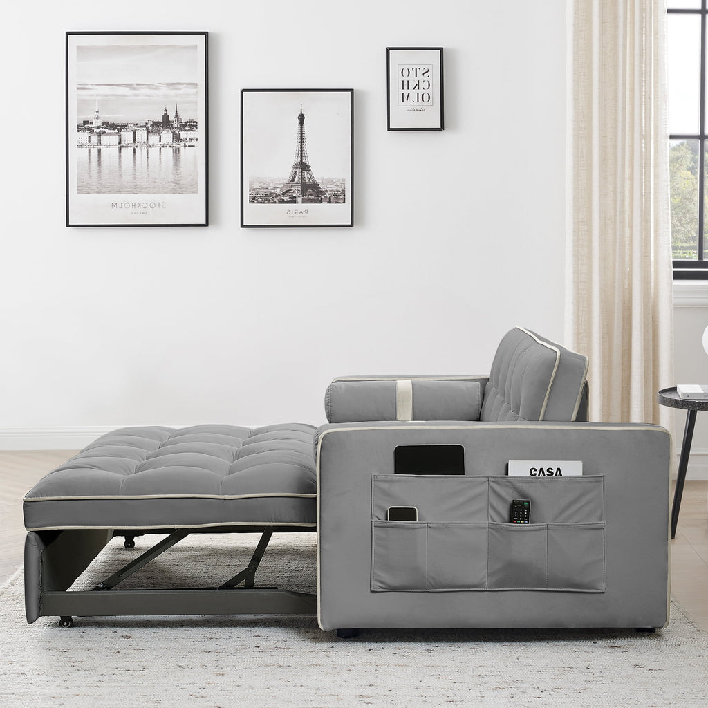 3 in 1 Convertible Sleeper Sofa Bed,55" Modern Velvet Sofa Couch Bed with 2 Lumbar Pillows and Adjsutable Backrest,2 Seater Loveseats Sofa for Apartment Office Living Room,Gray