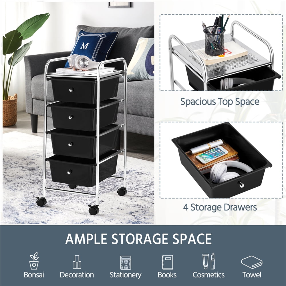 Alden Design 4 Drawers Metal Frame Storage Cart Rolling Bin Trolley, Black
