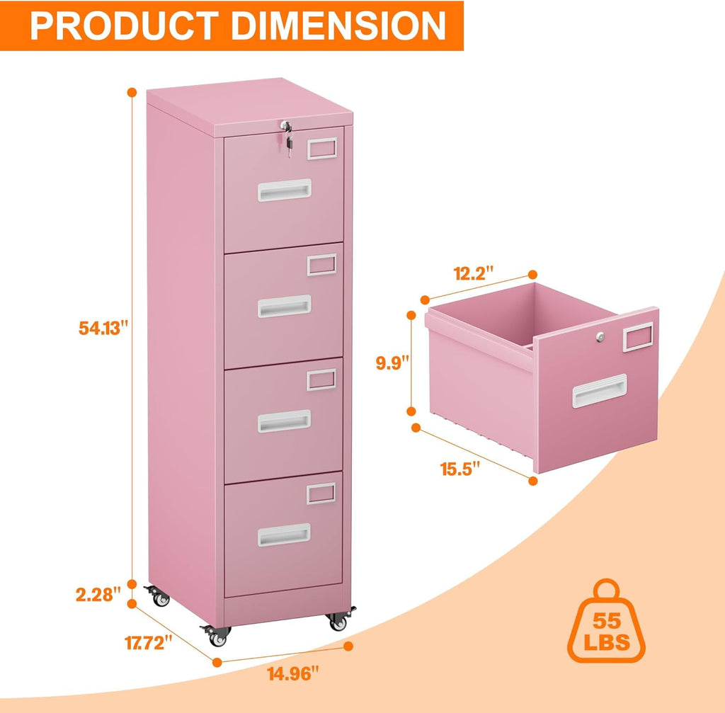 Aobabo File Cabinet 4 Drawer with Wheels, Lockable Office Metal Filing Cabinet with Name Card for Office and Home,Assembly Required,Pink