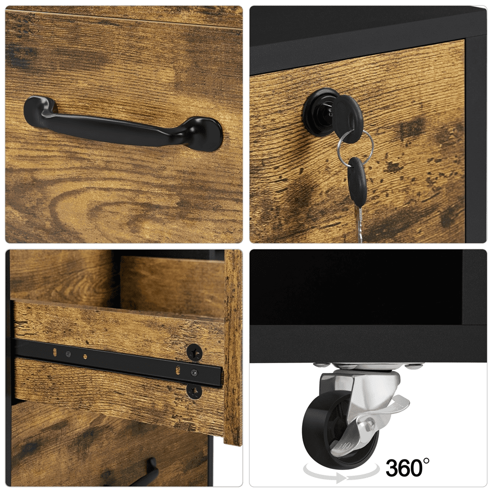 Alden Design Rolling Wooden File Cabinet with 2 Drawers and Shelf, Black/Rustic Brown