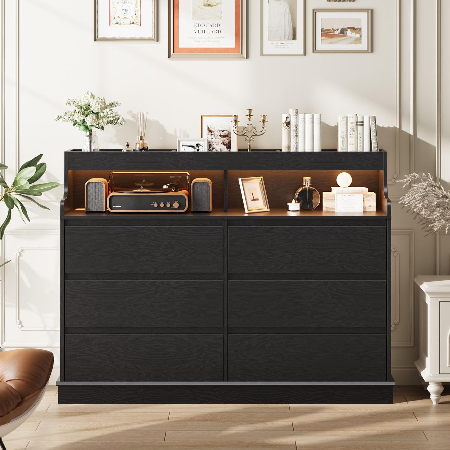 6 Drawers Dresser,Mid Century Modern Dresser with LED&Charging Station,Boho Dressers for Bedroom, Living Room, Hallway