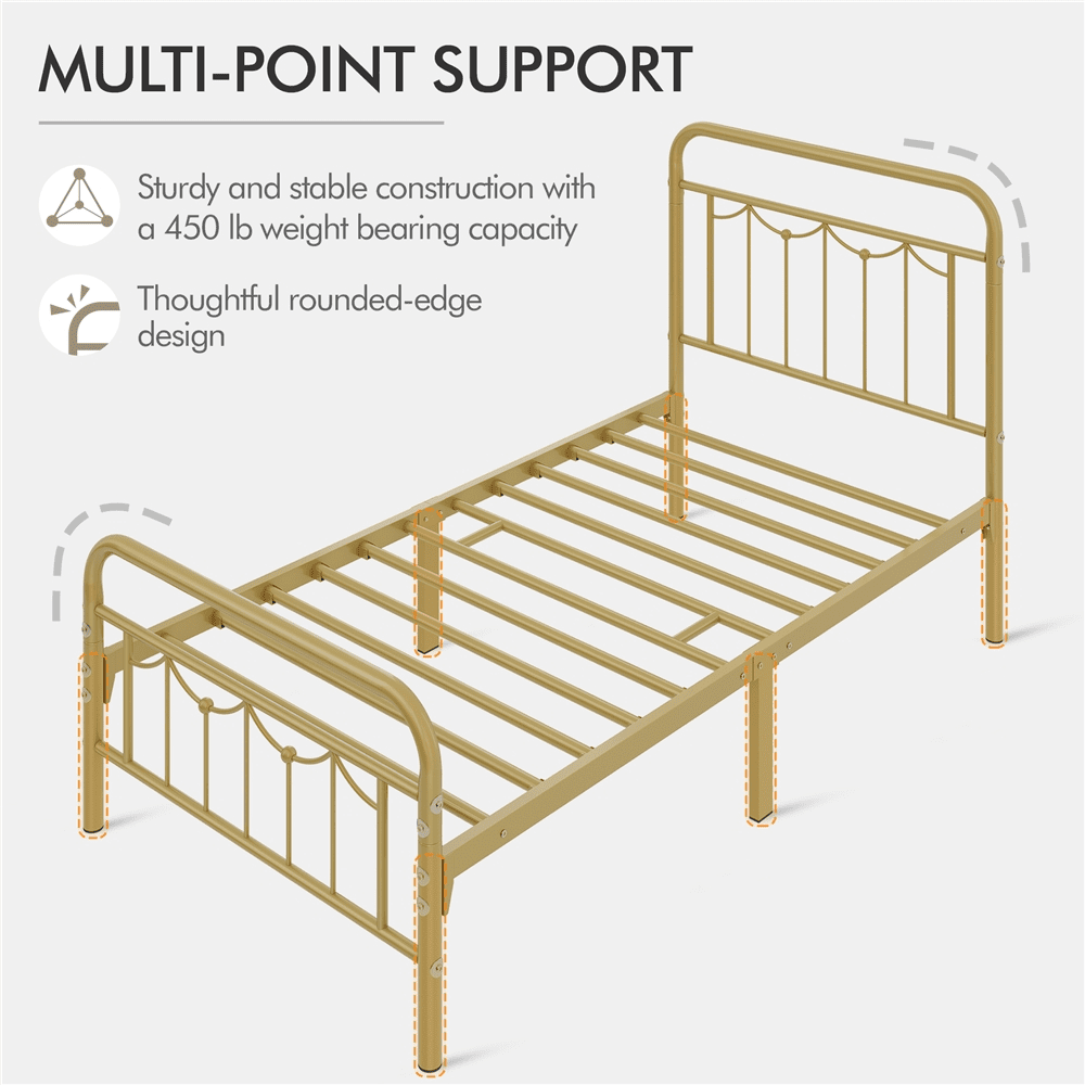 Alden Design Metal Platform Twin Bed with Vintage Headboard, Adult, Antique Gold
