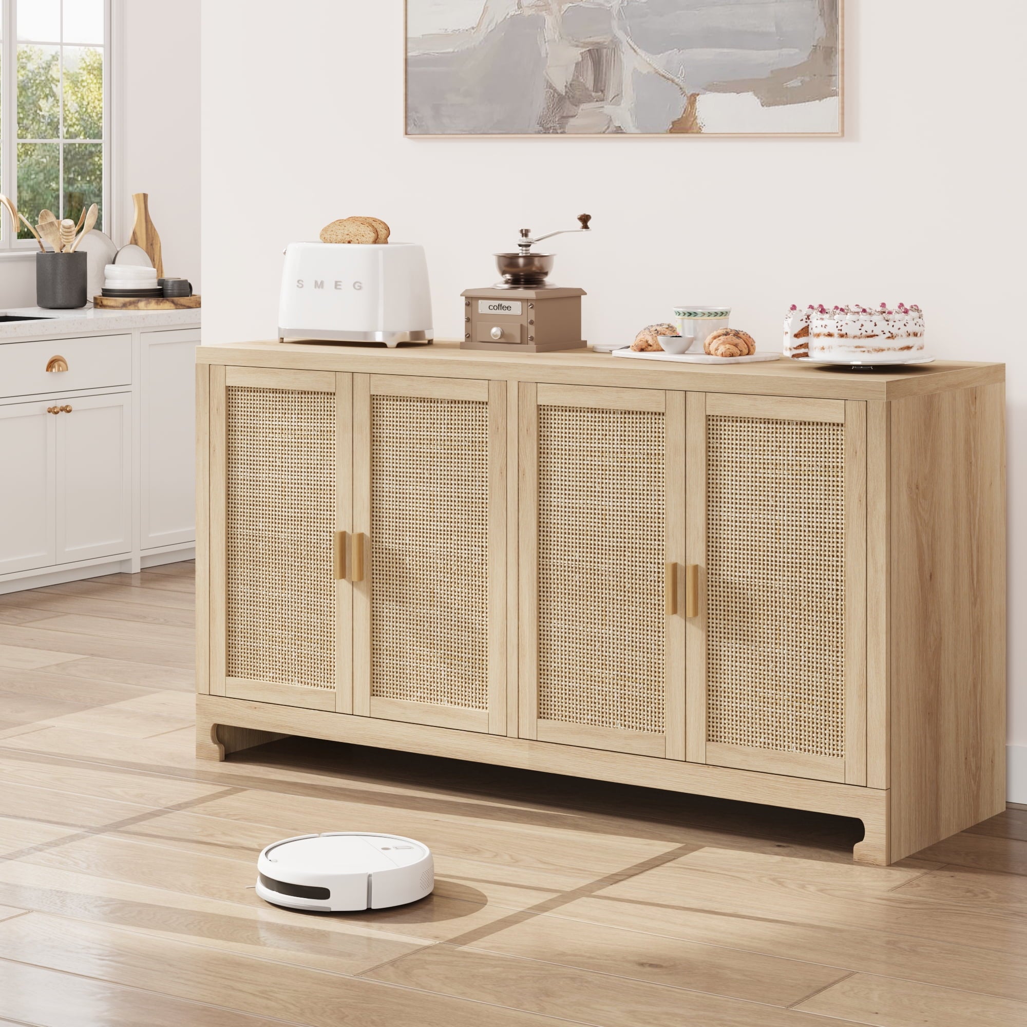 61.4"W Buffet Cabinet TV Stand, Accent Rattan Storage Cabinet with 4 Doors and Shelf, Sideboard Buffet Cabinet with Storage, Modern Console Table Coffee Bar Cabinet for Dining Room, Kitchen