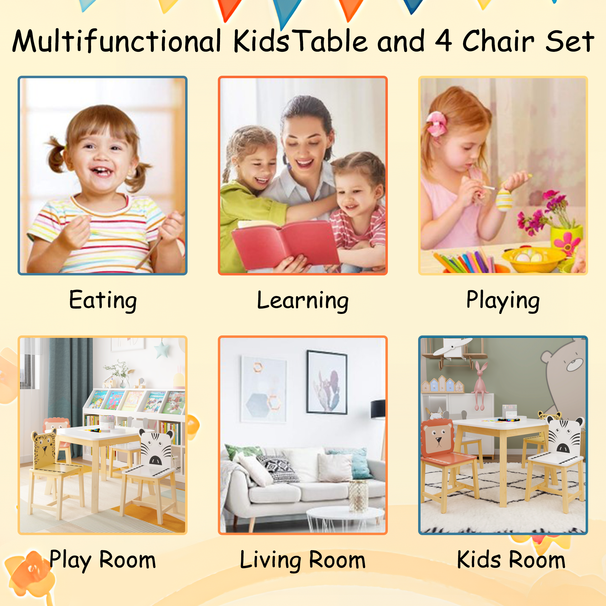5 Pieces Kids Table and 4 Chairs Set for Ages 3-8 Boy Girl, Wood Kiddy Table with 4 Chairs Set Cartoon Animals, 19.7''H Square Activity Table and Chairs Set for Home, Nursery, Kindergarten, White
