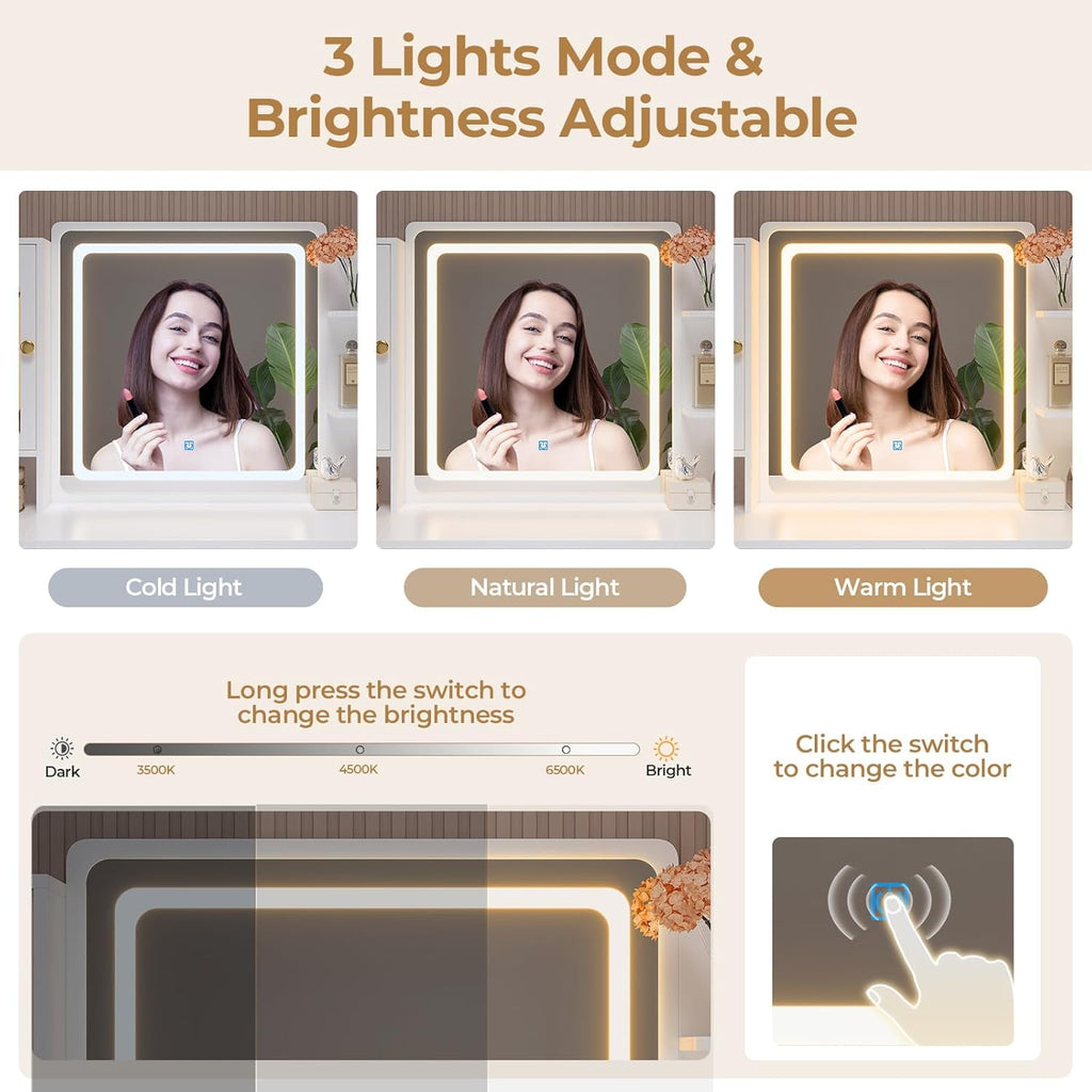 Aunfebrco Makeup Vanity Desk with Lighted Mirror and Drawers, Vanity Desk Table Dressing Table with Charging Station & Lights for Bedroom, White