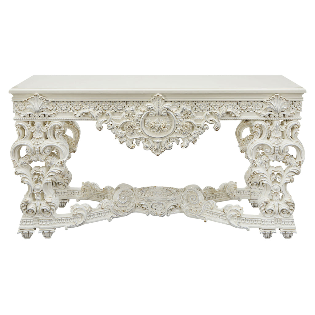 ACME Adara Wooden Top Sofa Table with Floral Legs in Antique White