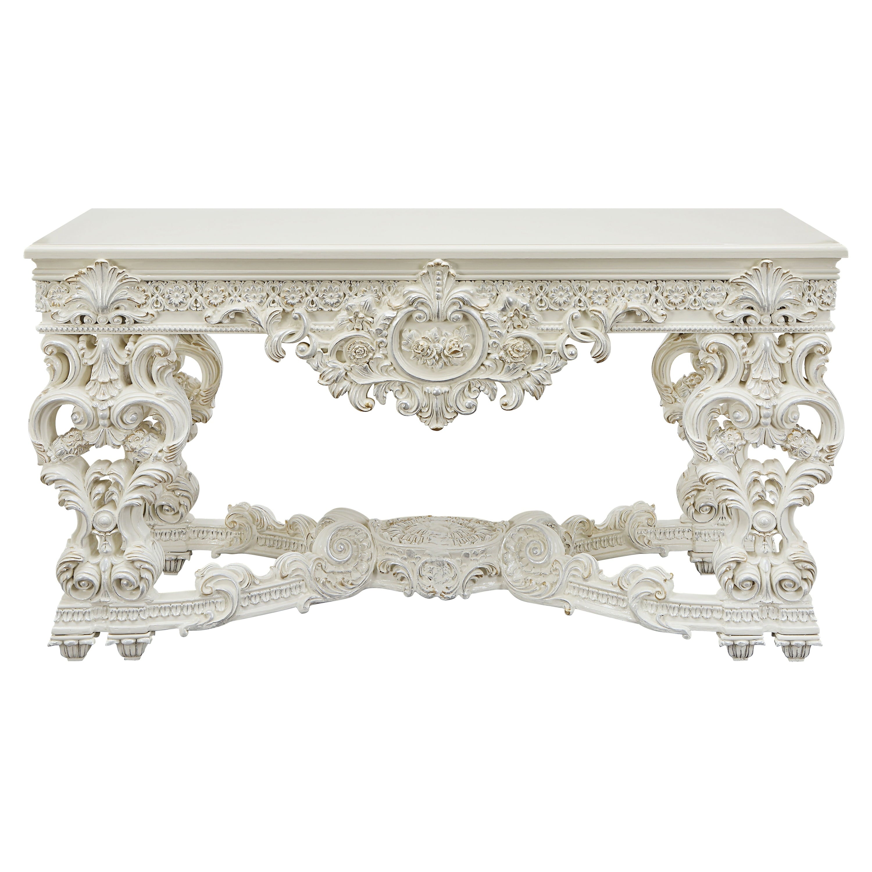 ACME Adara Wooden Top Sofa Table with Floral Legs in Antique White