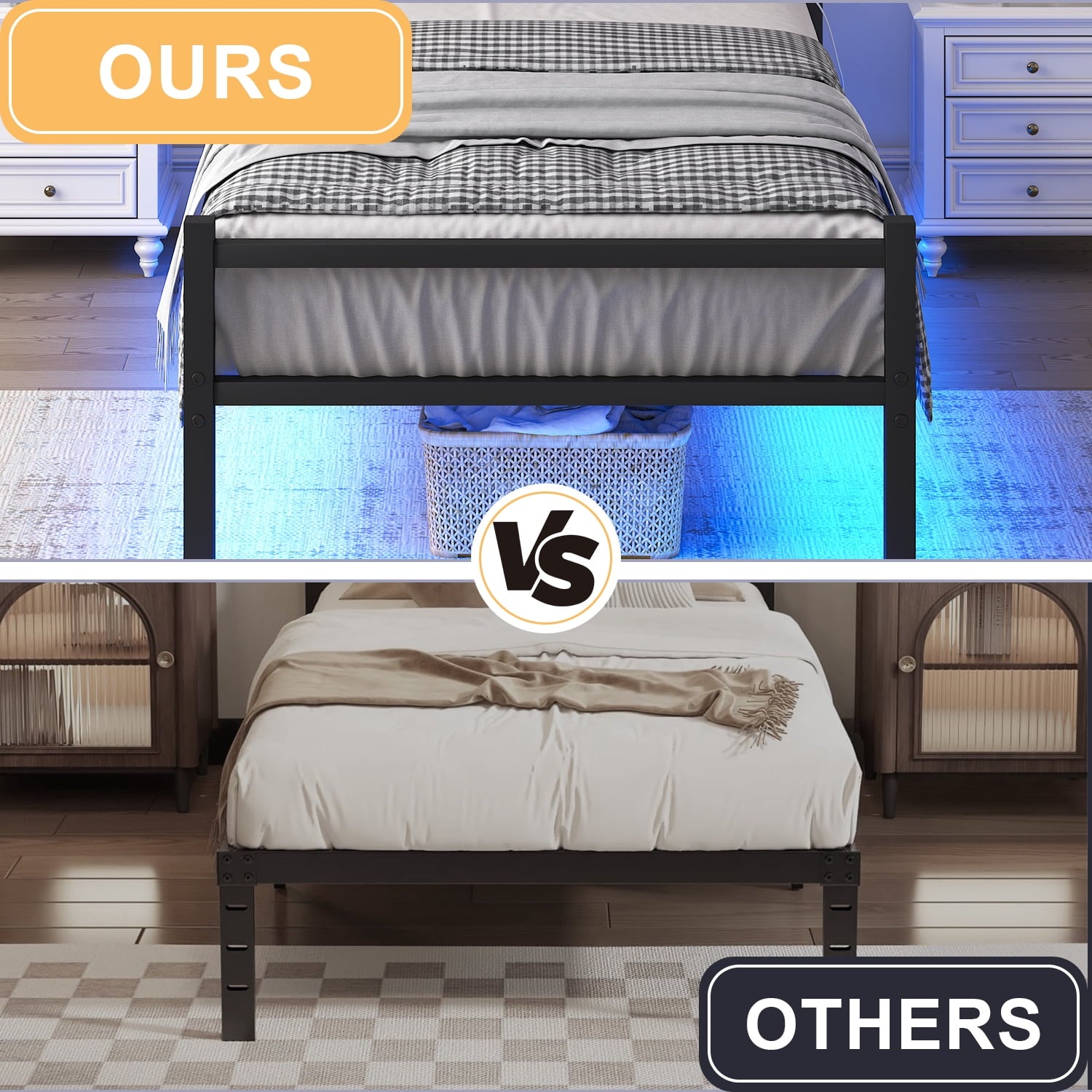 4 EVER WINNER Twin Size Bed Frame with LED Light, Twin LED Bed Frame with Charging Station, Metal Platform Bed Frame with Shelf Headboard, Black