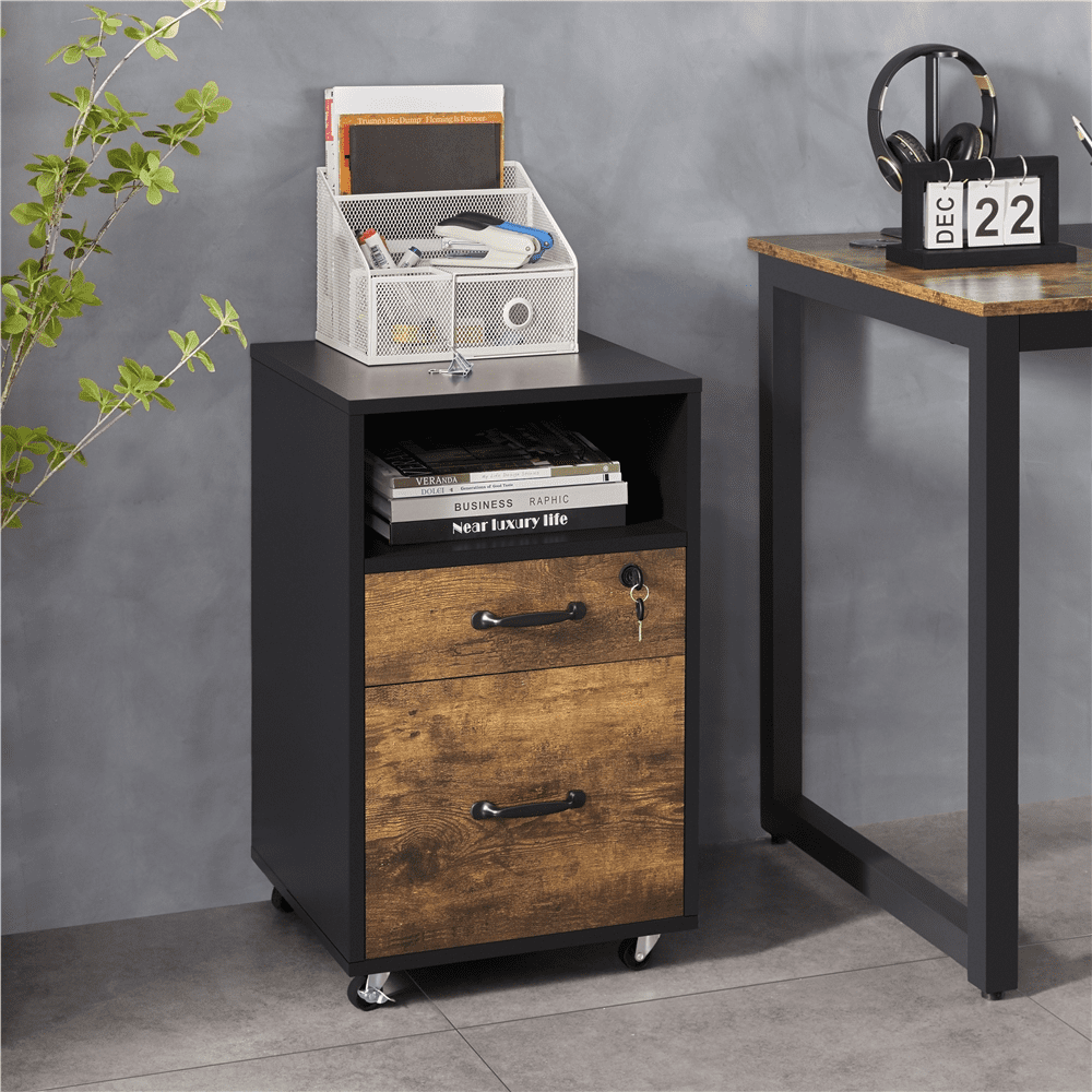 Alden Design Rolling Wooden File Cabinet with 2 Drawers and Shelf, Black/Rustic Brown
