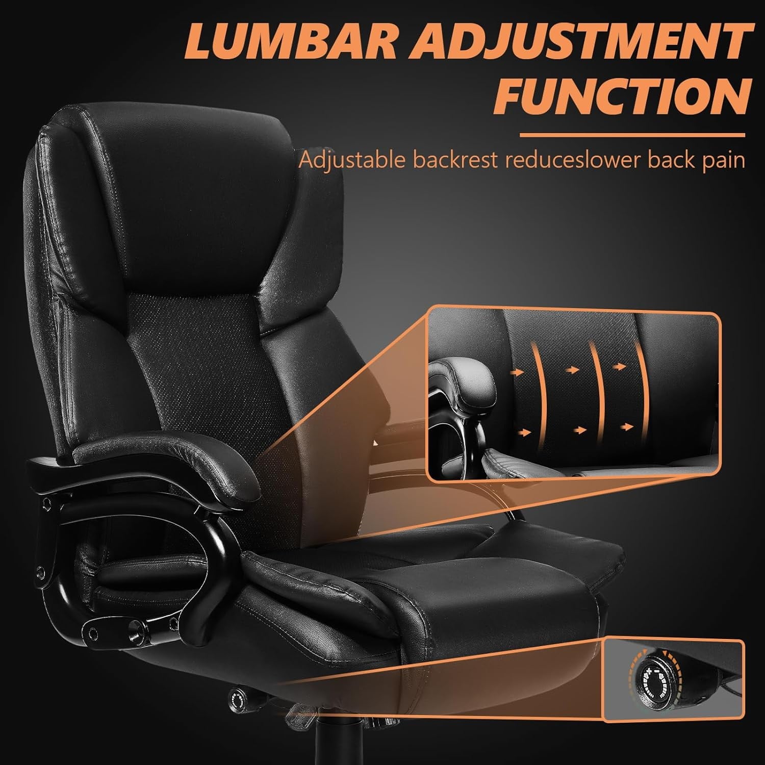 500lbs Big and Tall Office Chair with Dual Rubber Wheel, Heavy Duty Office Chair for Low Back Pain Relief, Large Executive Office Chair with Adjustable Lumbar Support
