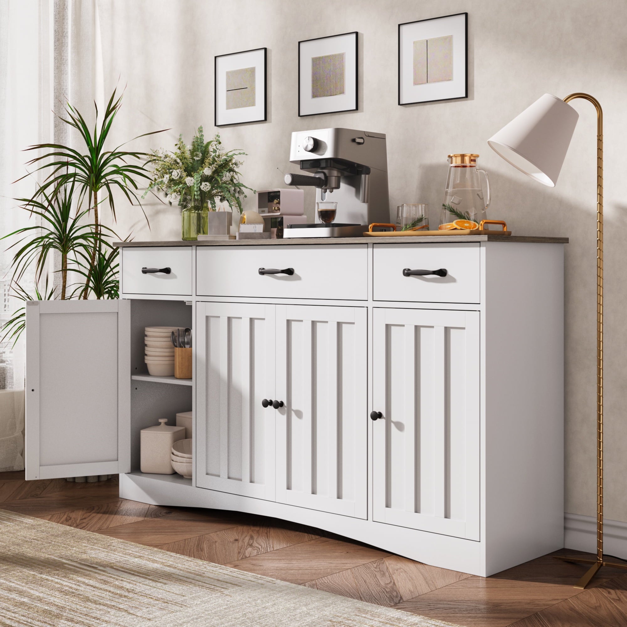 Aiho Modern Sideboard Buffet Cabinet with Storage – 55.1" W x 15.2" D x 31.9" H, Wooden Cabinet with Drawers and Doors for Dining Room, Kitchen, or Coffee Bar, White/Grey