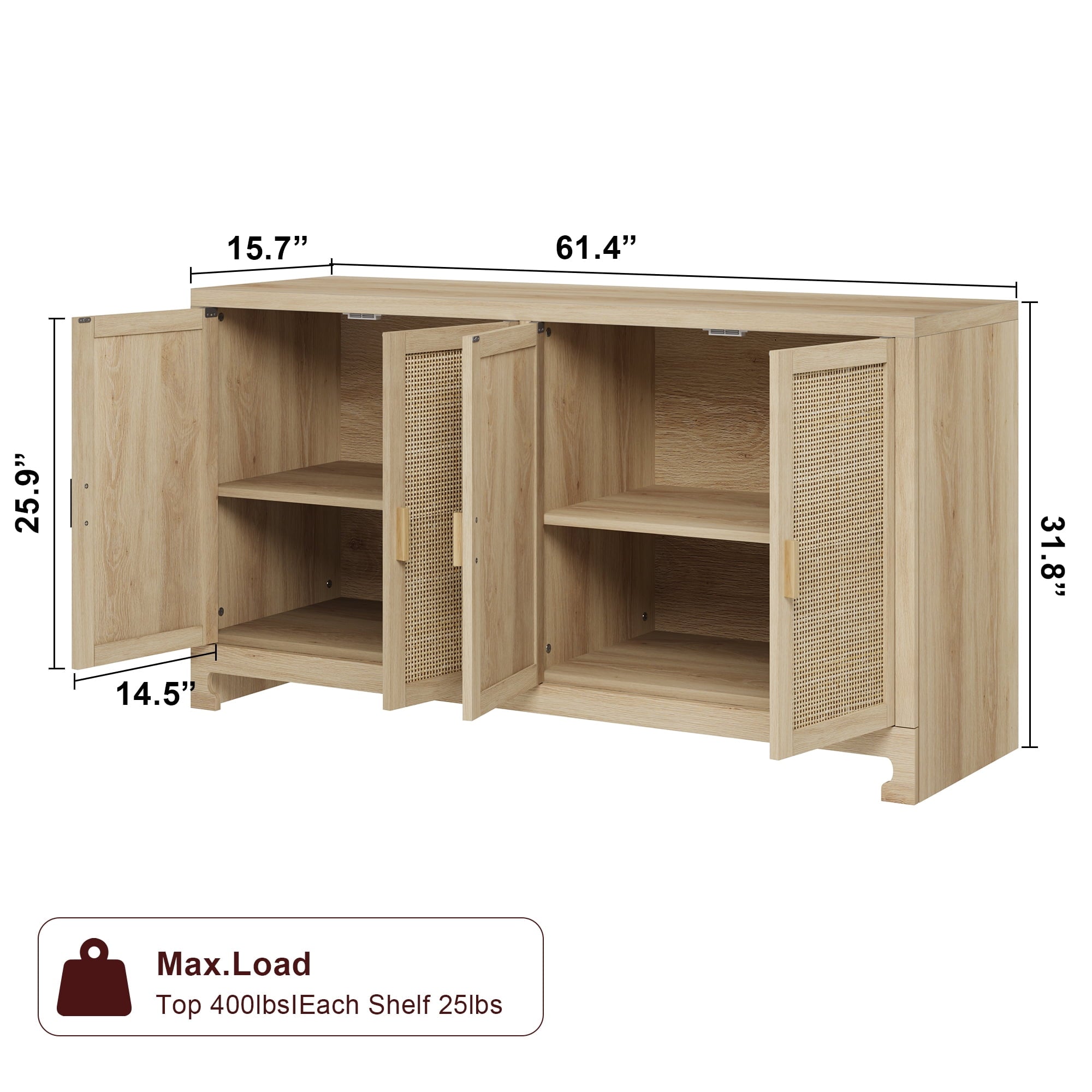 61.4"W Buffet Cabinet TV Stand, Accent Rattan Storage Cabinet with 4 Doors and Shelf, Sideboard Buffet Cabinet with Storage, Modern Console Table Coffee Bar Cabinet for Dining Room, Kitchen