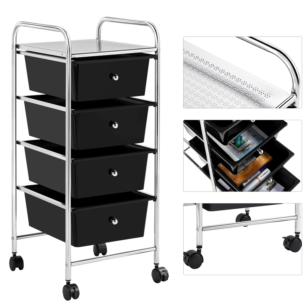 Alden Design 4 Drawers Metal Frame Storage Cart Rolling Bin Trolley, Black