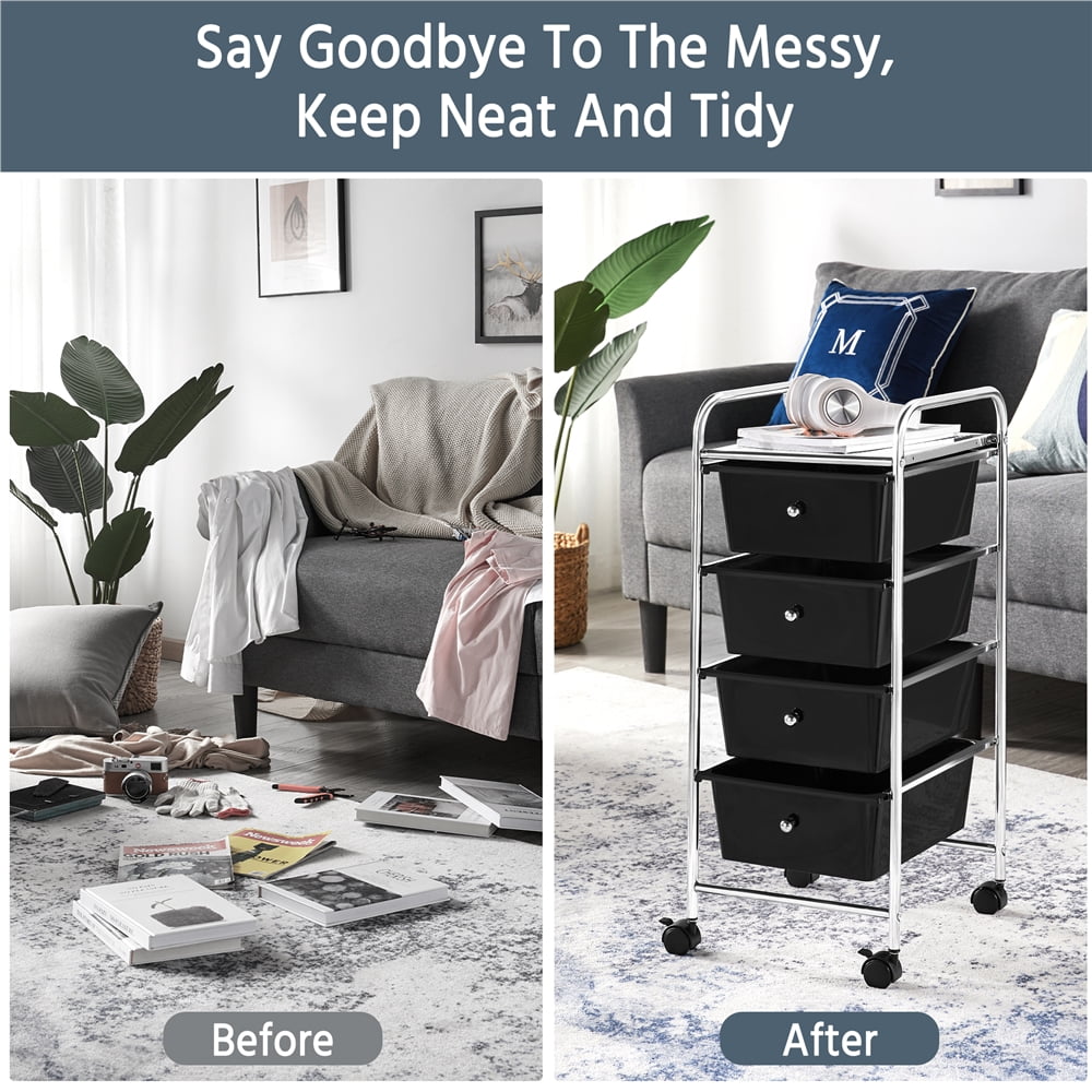 Alden Design 4 Drawers Metal Frame Storage Cart Rolling Bin Trolley, Black