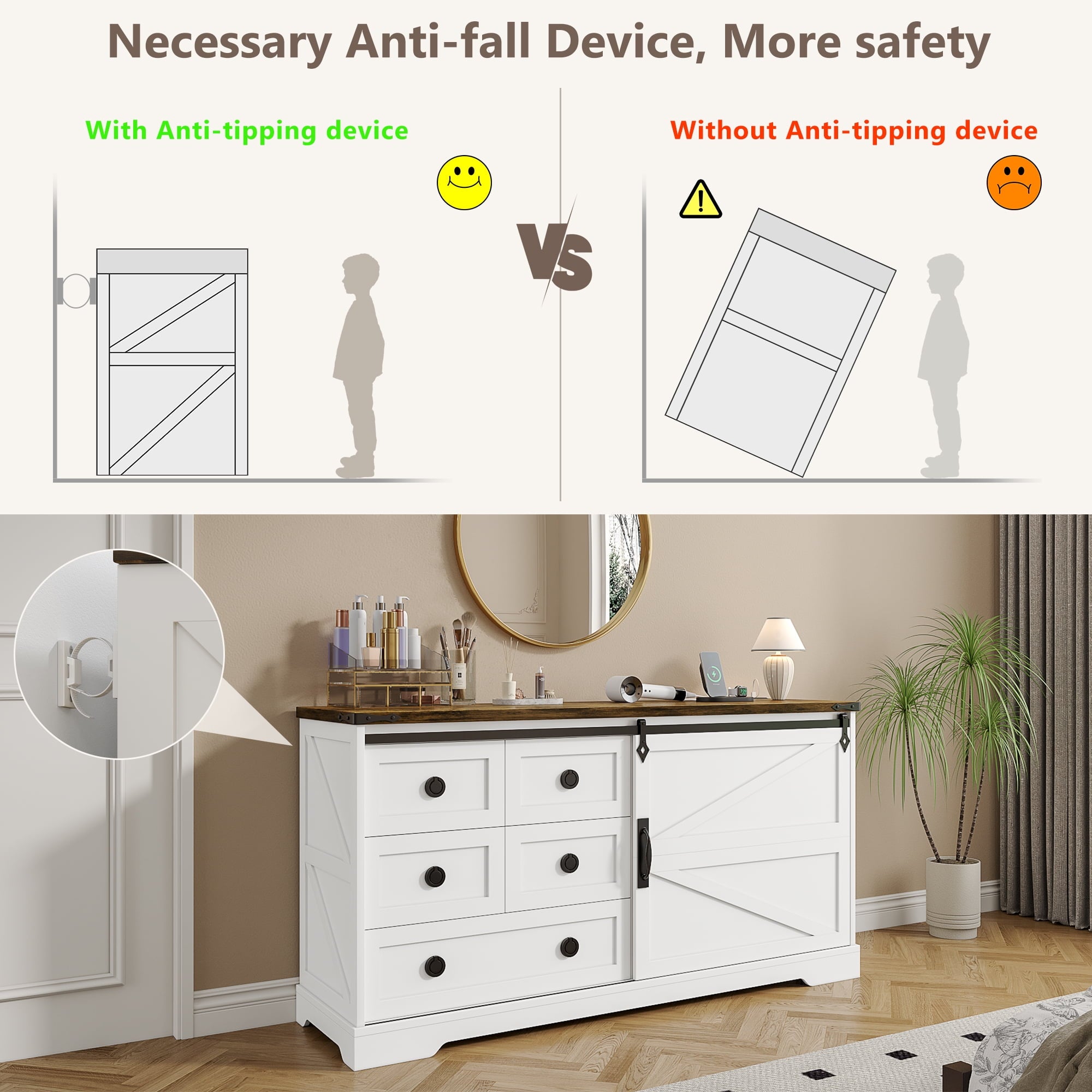 56" Farmhouse Dresser 5 Drawer with Charging Station, Sliding Barn Door Modern Storage Cabinet for Bedroom, Long Dresser Rustic Chest of Drawers Wood Organizer TV Stand for Living Room, Antique White