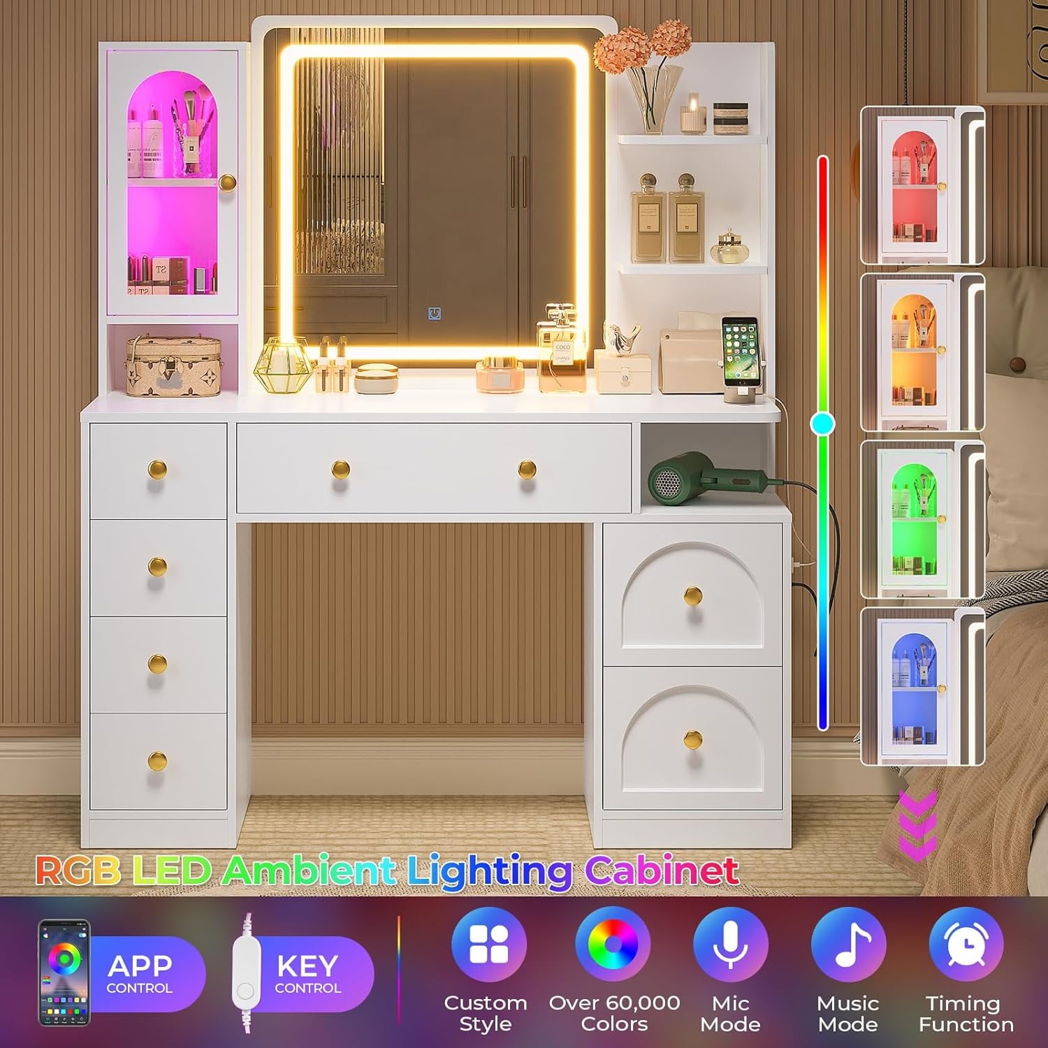 Aunfebrco Makeup Vanity Desk with Lighted Mirror and Drawers, Vanity Desk Table Dressing Table with Charging Station & Lights for Bedroom, White