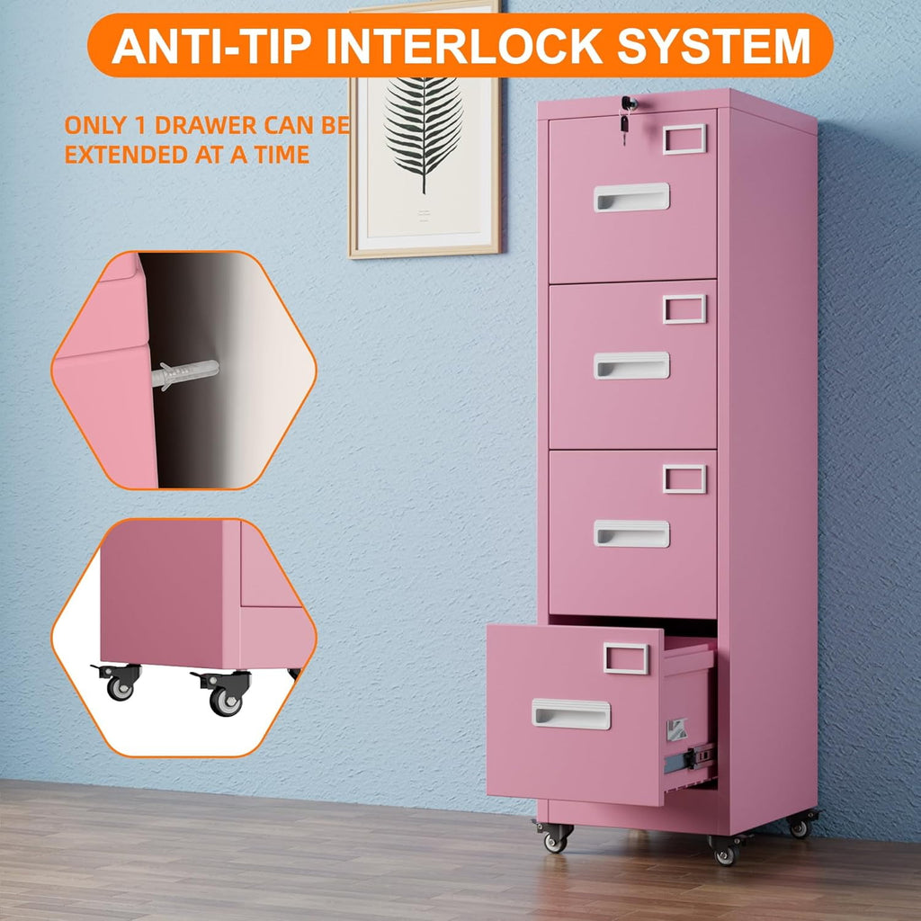 Aobabo File Cabinet 4 Drawer with Wheels, Lockable Office Metal Filing Cabinet with Name Card for Office and Home,Assembly Required,Pink