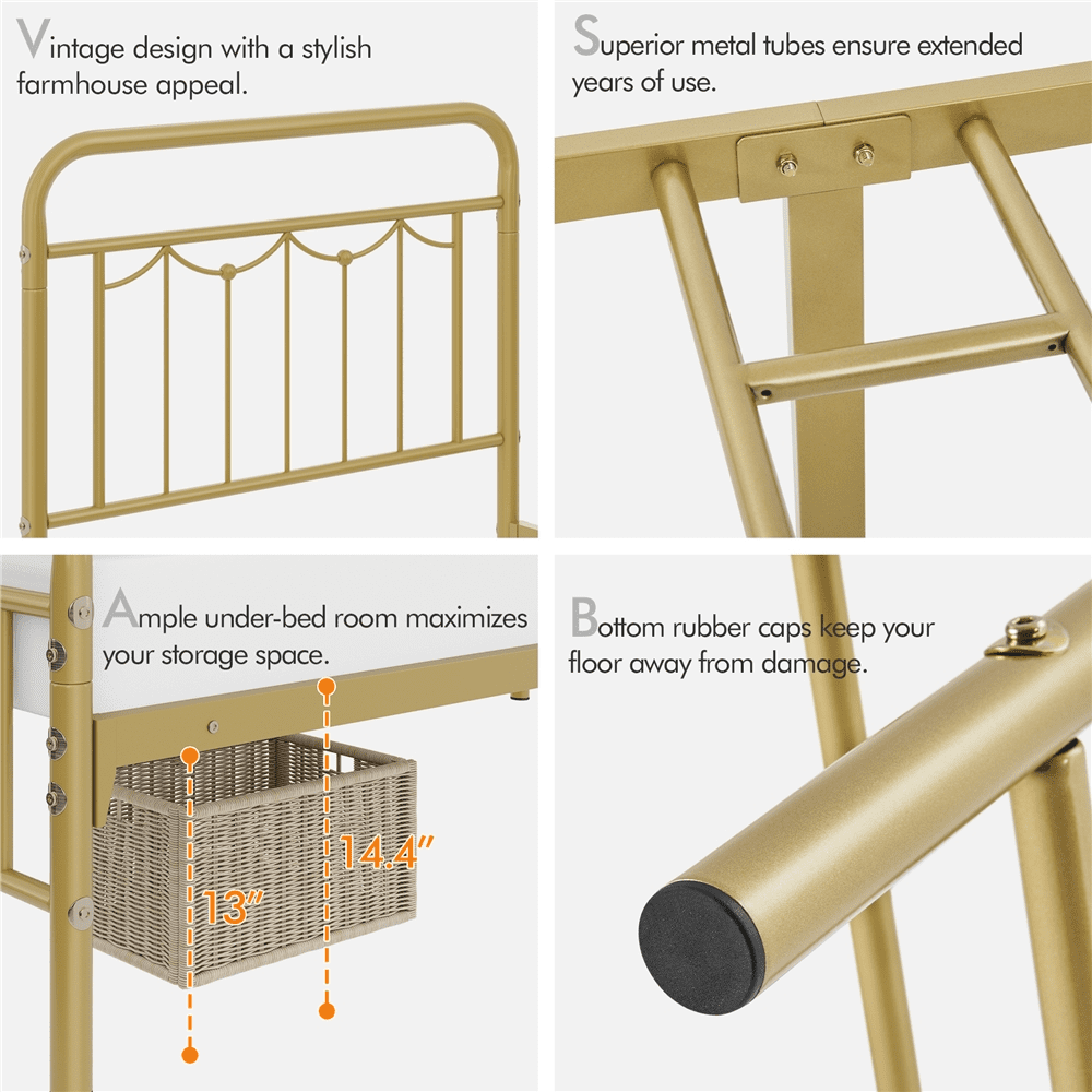 Alden Design Metal Platform Twin Bed with Vintage Headboard, Adult, Antique Gold