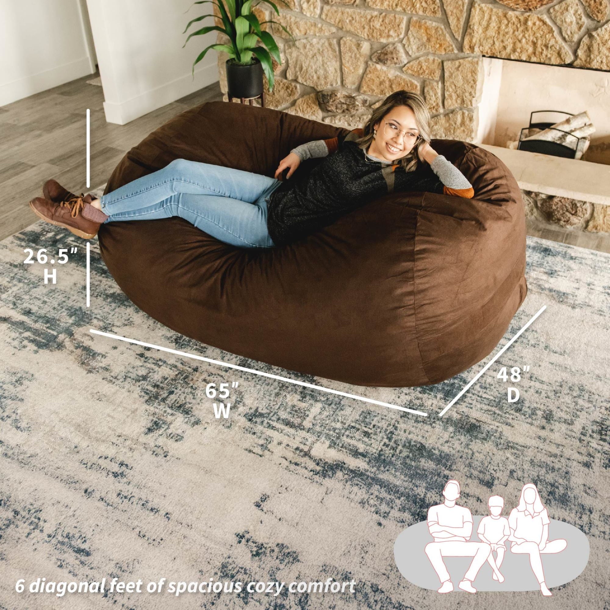 Big Joe Fuf 6Ft Giant Lounger Foam Bean Bag Chair, Oversized Couch with Removable Cover for Kids, Teens, Adults, Cocoa Lenox, Durable Woven Polyester, 6 foot