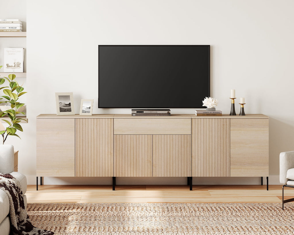 94.5" Modern Reeded Dresser TV Stand for TVs up to 100 Inch, Entertainment Center with Adjustable, Wooden TV Console with Storage for Living Room