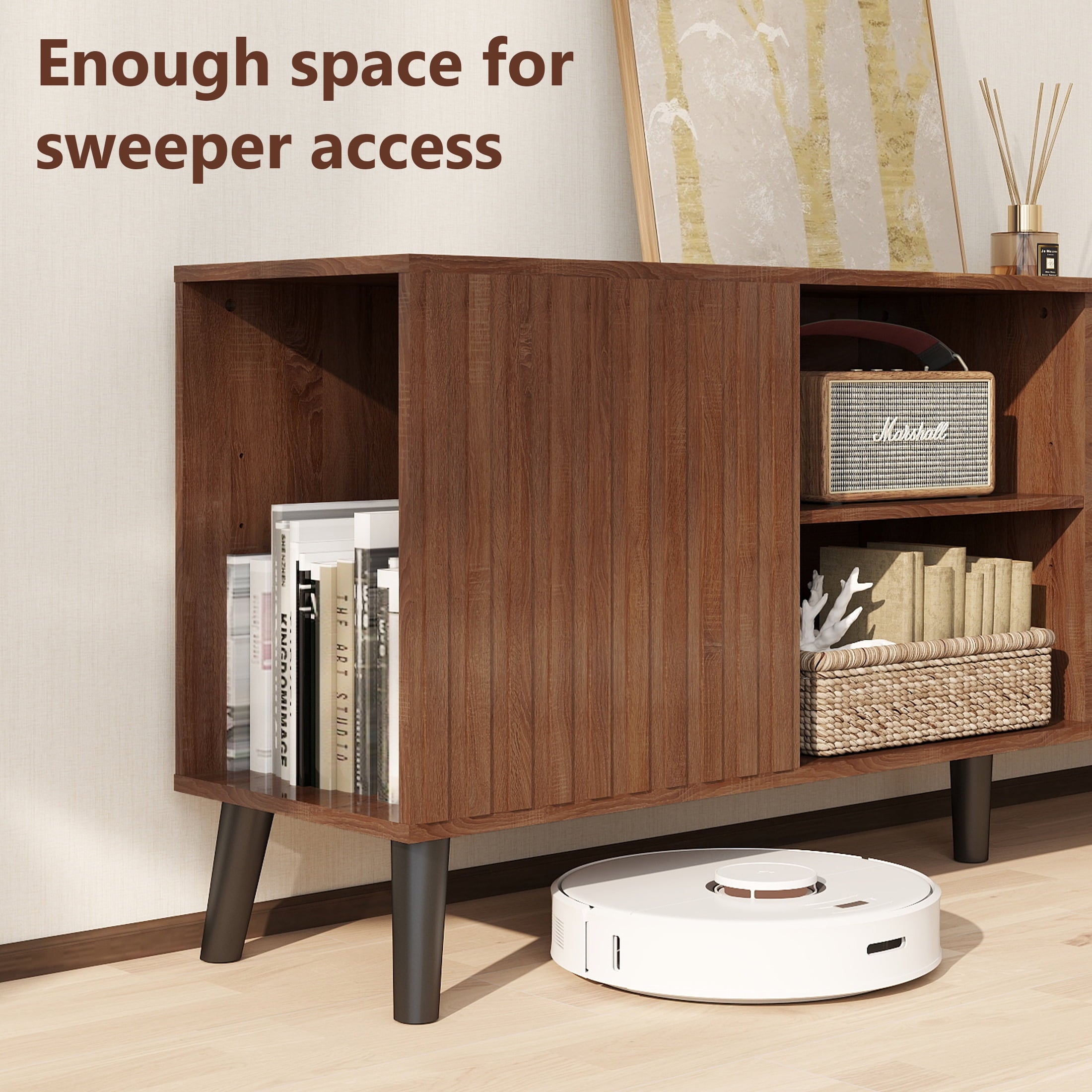 Anrist Mid-Century Modern TV Stand, Home Media Entertainment Center for up to 85in TV Console Storage Cabinet for Living Room, Walnut