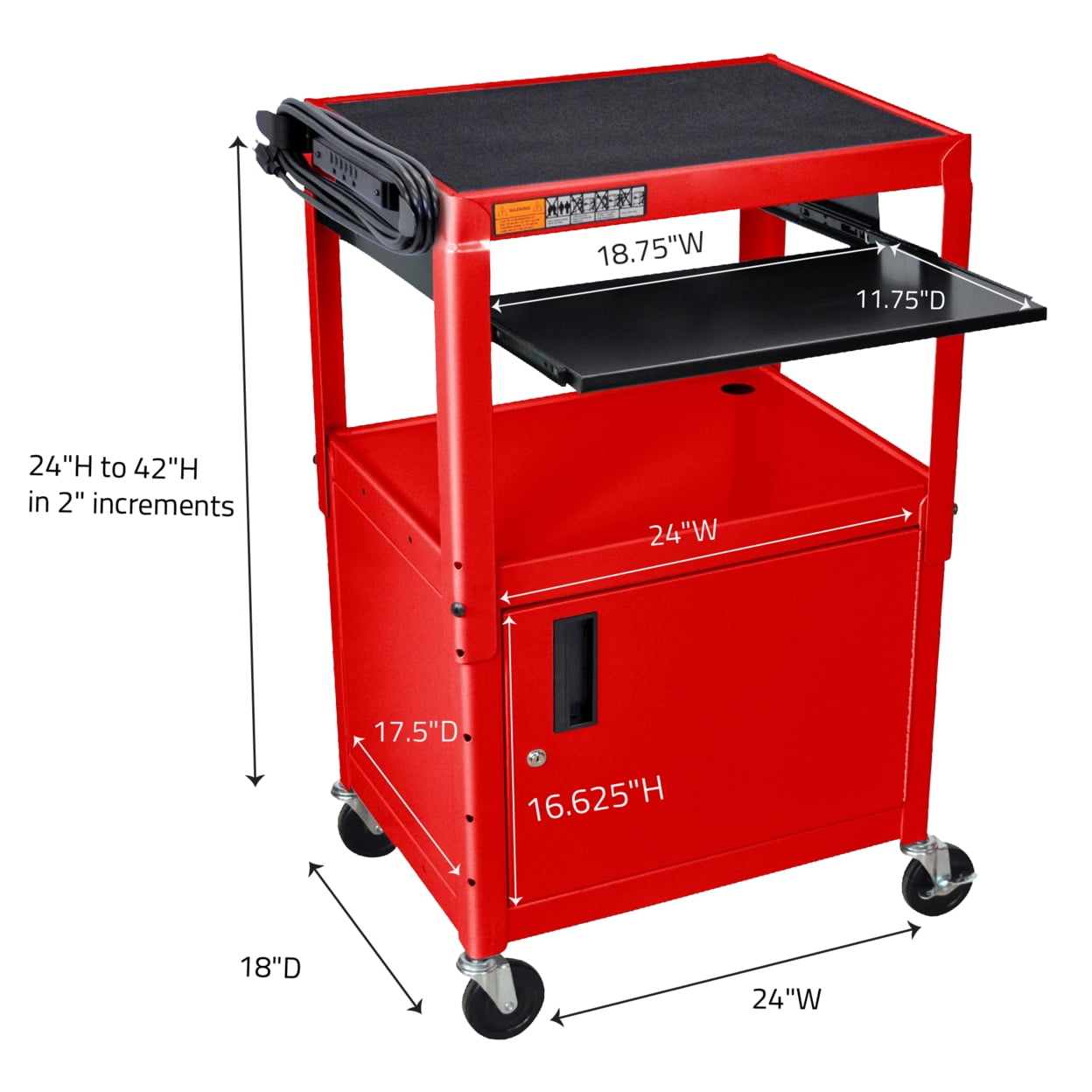 Adjustable Height Red Metal A/V Cart With Pullout Keyboard Tray And Cabinet