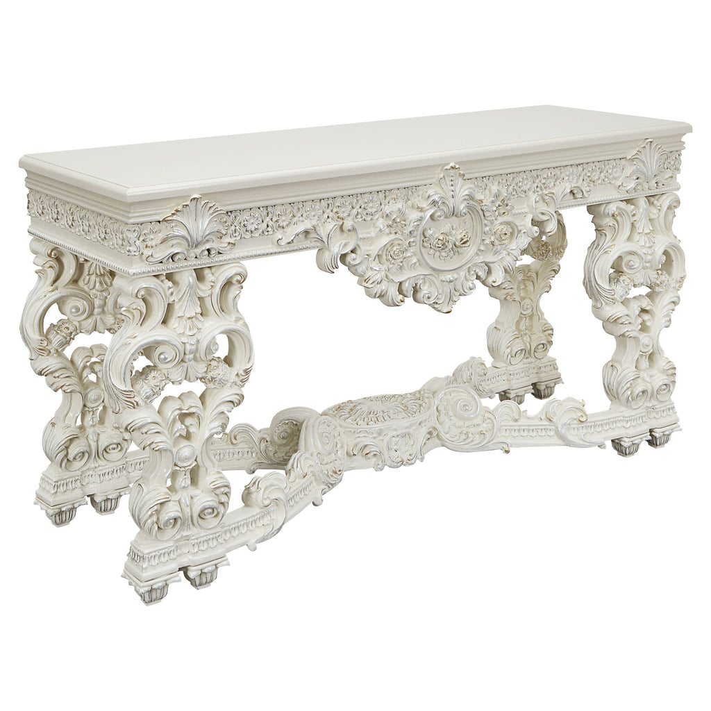 ACME Adara Wooden Top Sofa Table with Floral Legs in Antique White