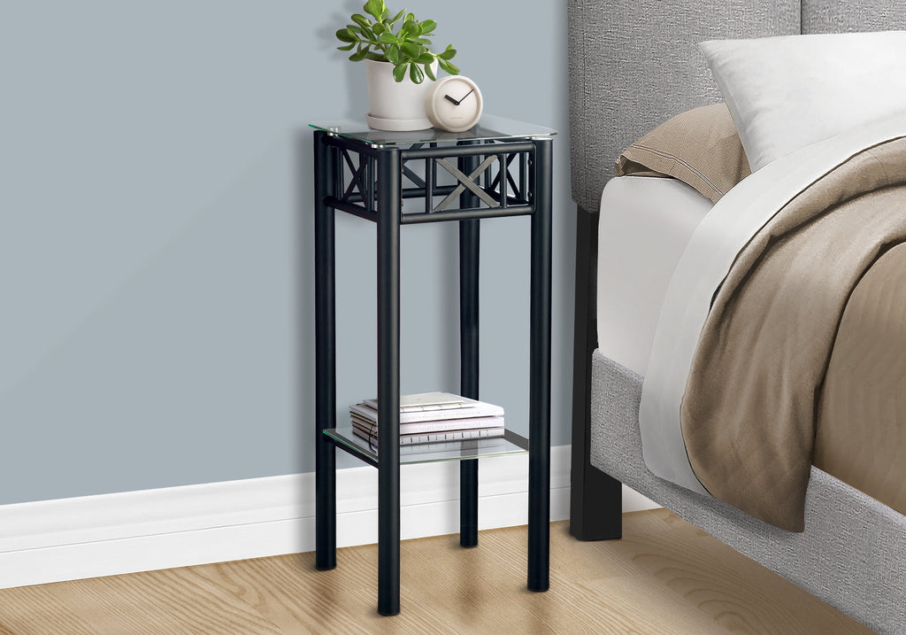Accent Table, Side, End, Plant Stand, Square, Living Room, Bedroom, Metal, Tempered Glass, Black, Transitional