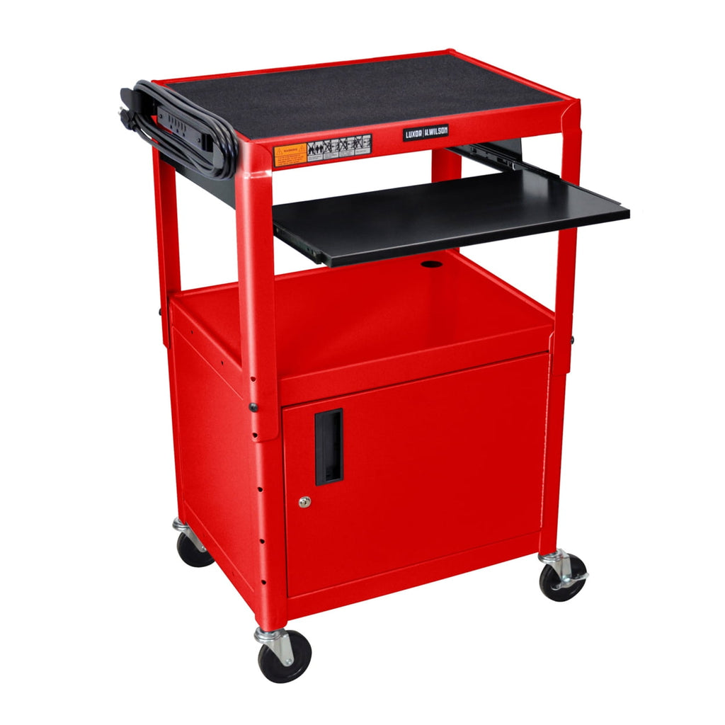 Adjustable Height Red Metal A/V Cart With Pullout Keyboard Tray And Cabinet