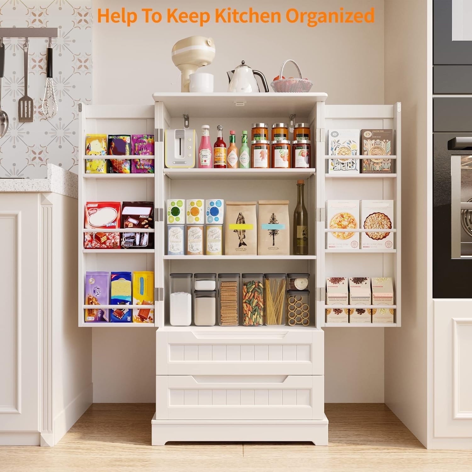 Aiho 47" Tall Kitchen Storage Cabinet with 2 doors and 2 drawers, Storage Cabinet for Kitchen and Living room, White