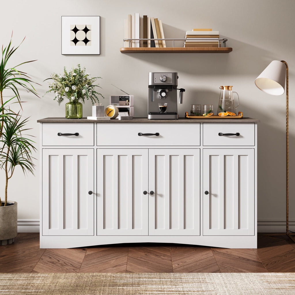 Aiho Modern Sideboard Buffet Cabinet with Storage – 55.1" W x 15.2" D x 31.9" H, Wooden Cabinet with Drawers and Doors for Dining Room, Kitchen, or Coffee Bar, White/Grey