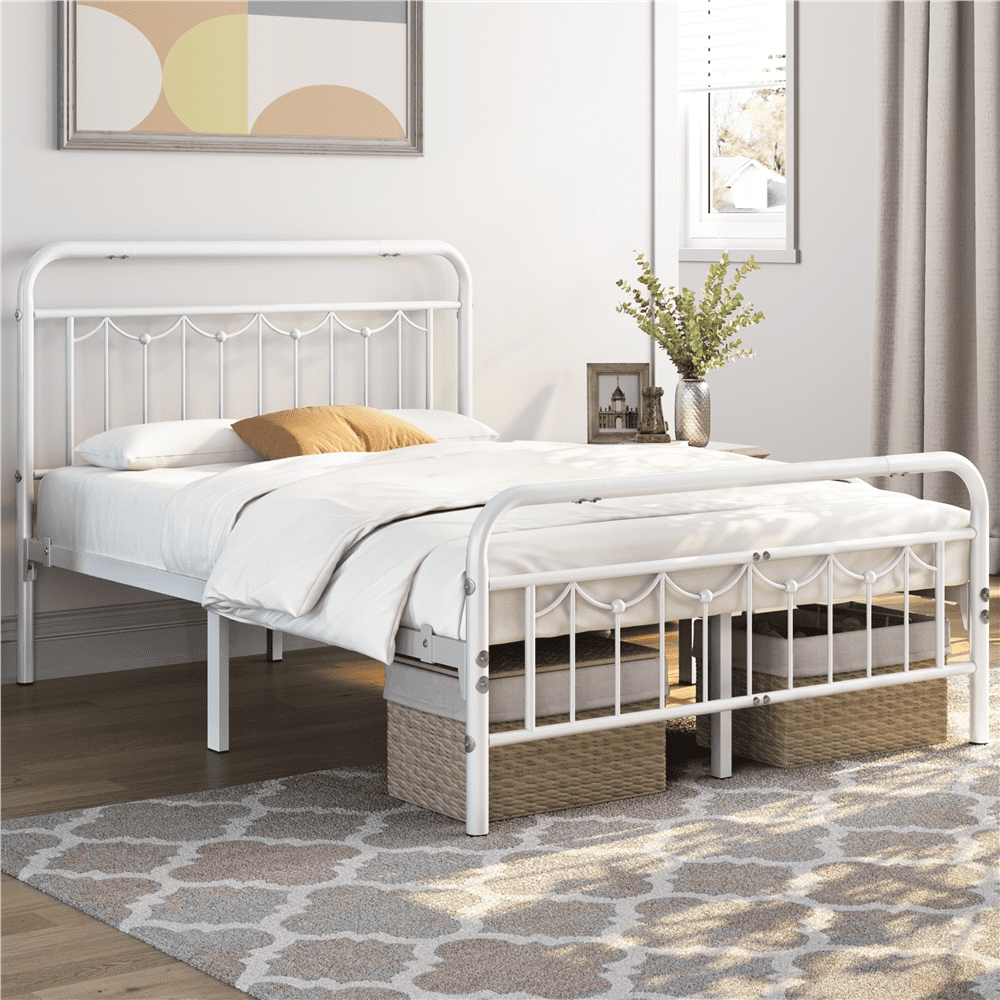Alden Design Metal Platform Twin Bed with Vintage Headboard, Adult, Antique Gold