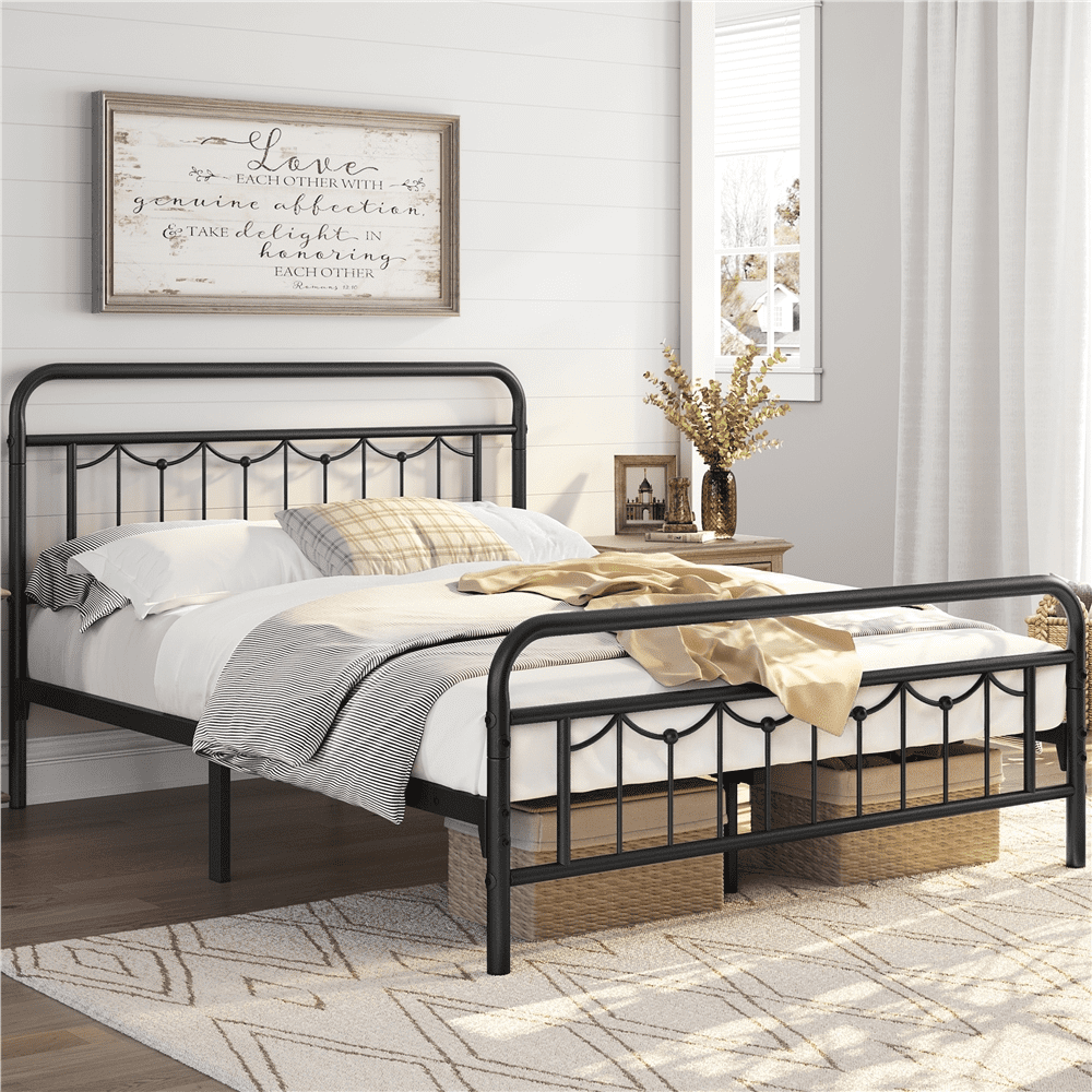 Alden Design Metal Platform Twin Bed with Vintage Headboard, Adult, Antique Gold