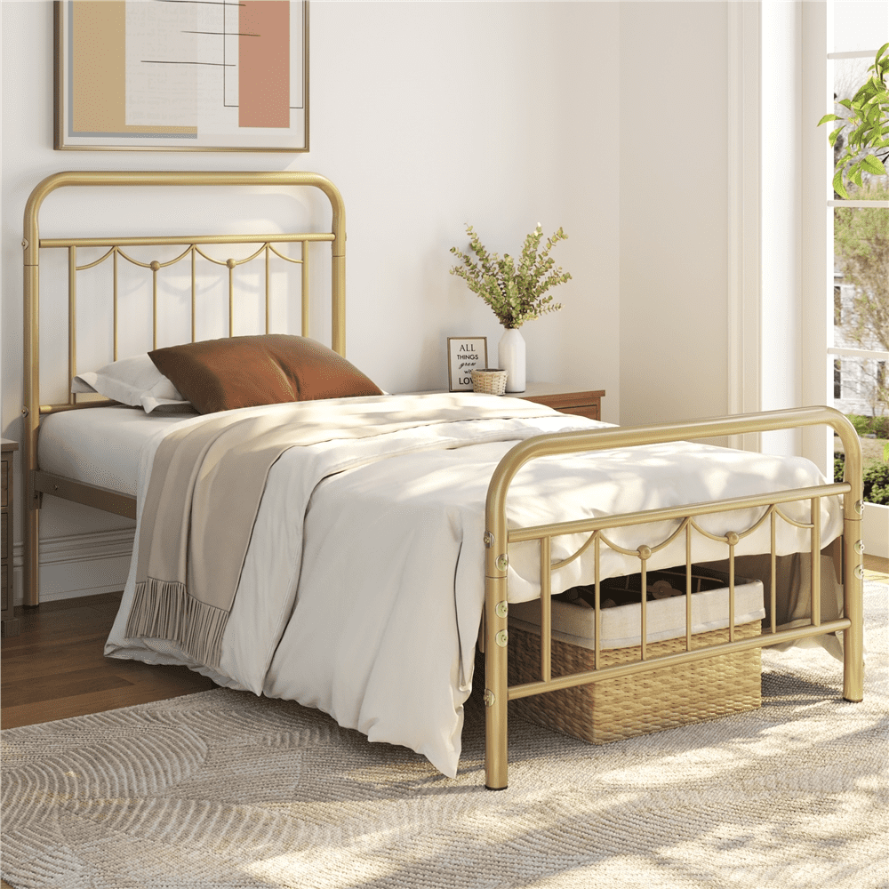 Alden Design Metal Platform Twin Bed with Vintage Headboard, Adult, Antique Gold