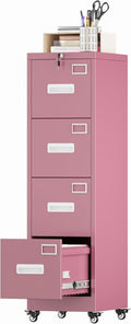 Aobabo File Cabinet 4 Drawer with Wheels, Lockable Office Metal Filing Cabinet with Name Card for Office and Home,Assembly Required,Pink