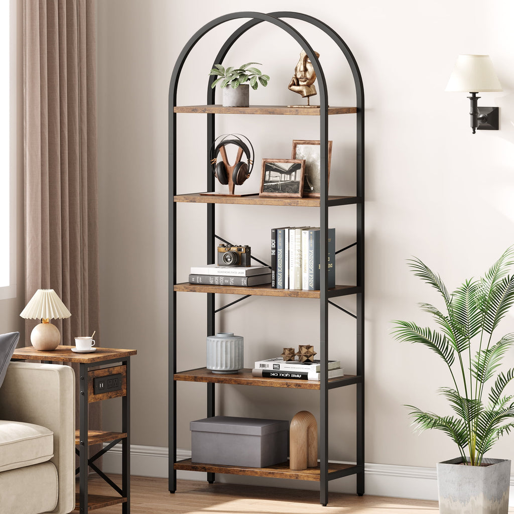 Arched Bookshelf, 5-Tier Open Bookshelf, Modern Storage Bookcase with Metal Frame and Shelves, Freestanding Display Rack Tall Shelving Unit for Bedroom, Living Room, Home Office