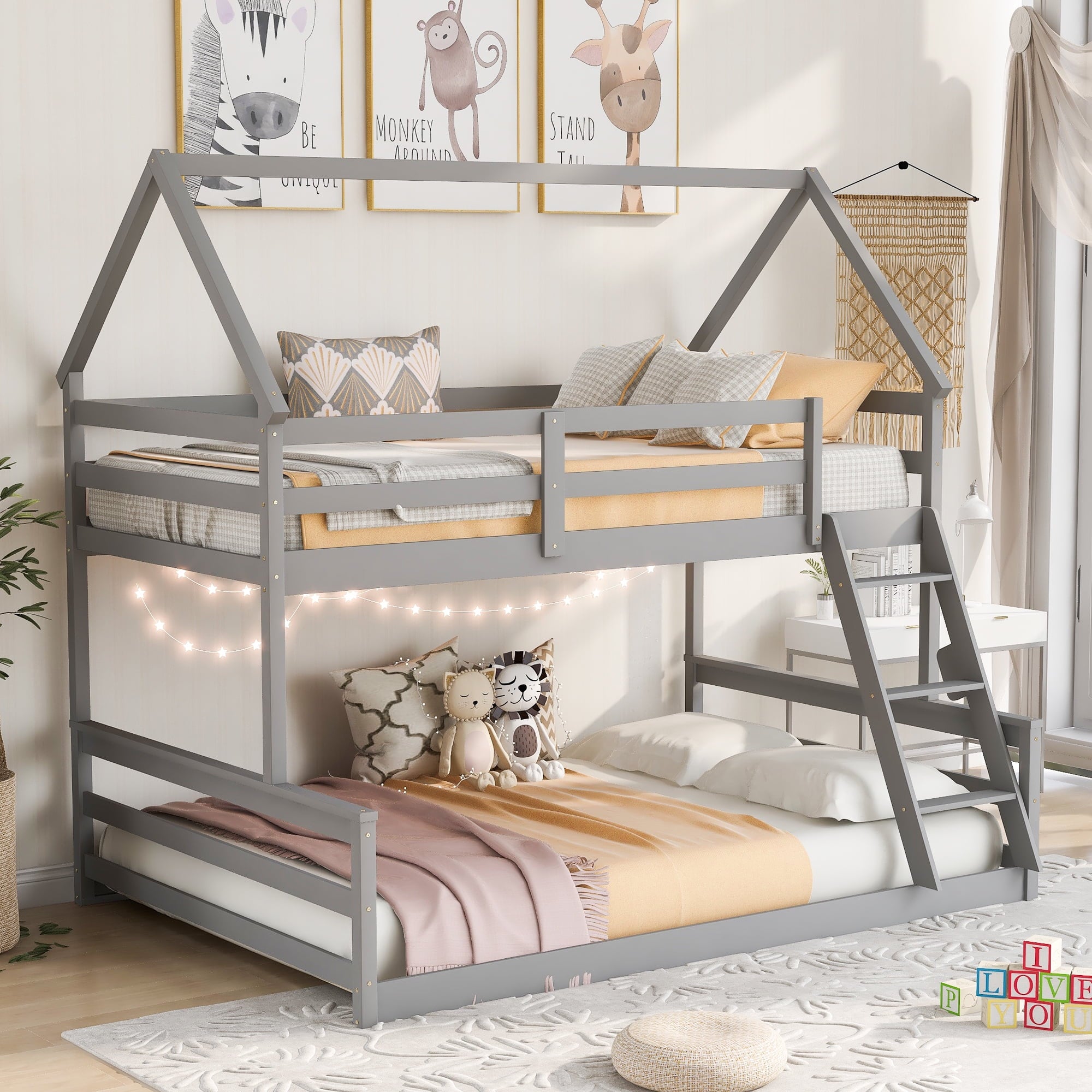 Aukfa Low Bunk Bed, Twin-Over-Twin House Bed Frame for Kids with Stair - White
