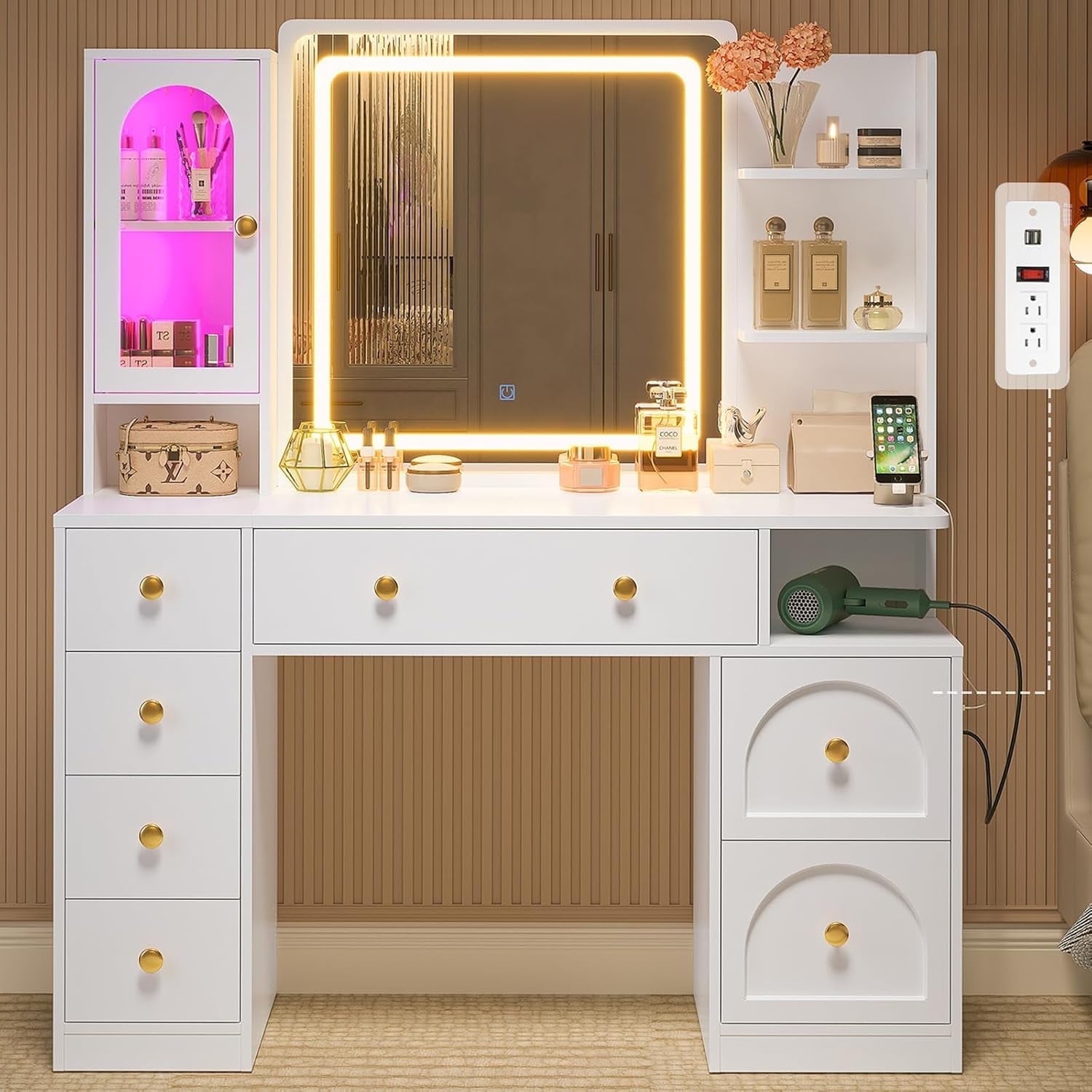 Aunfebrco Makeup Vanity Desk with Lighted Mirror and Drawers, Vanity Desk Table Dressing Table with Charging Station & Lights for Bedroom, White