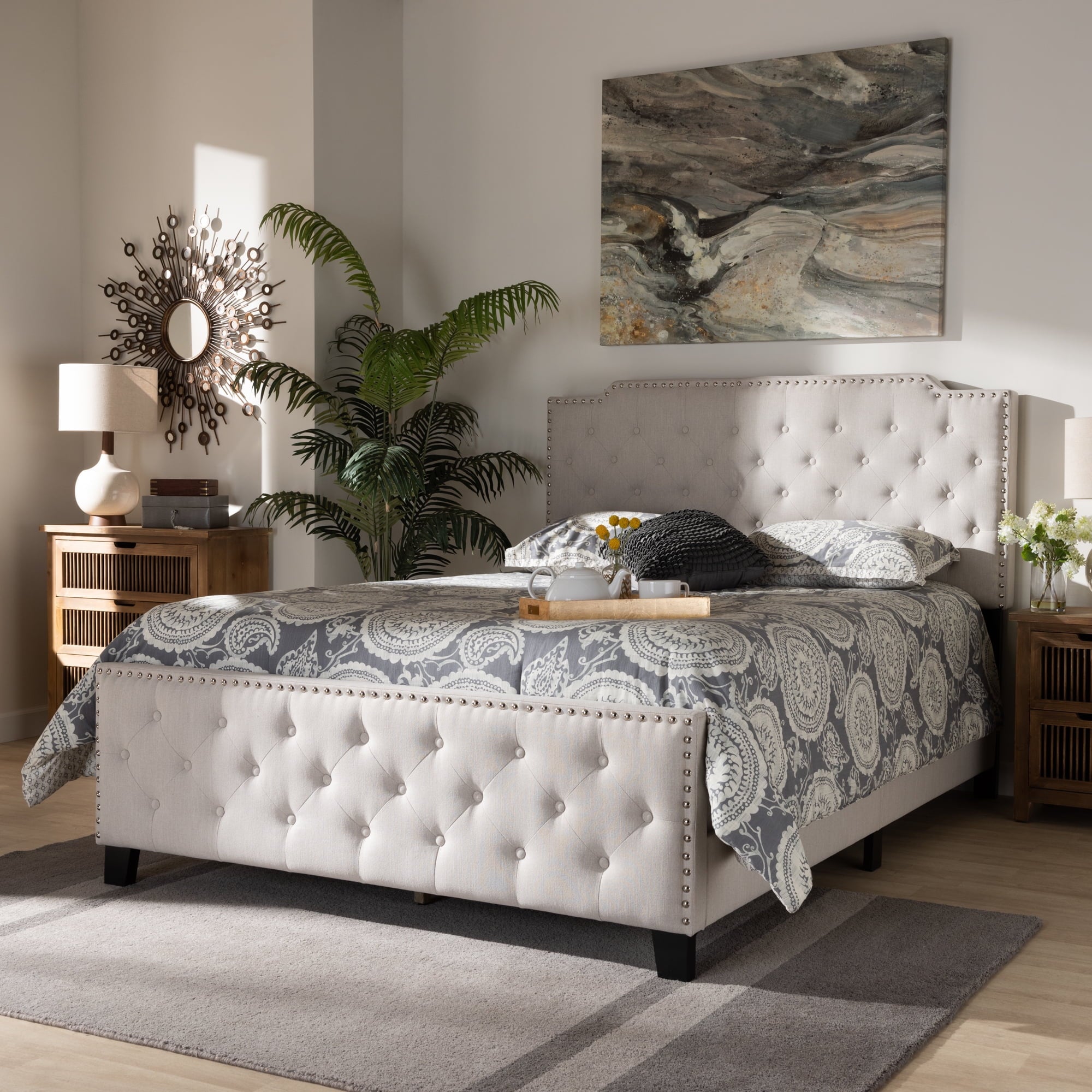 Baxton Studio Marion Modern Transitional Beige Fabric Upholstered Button Tufted Full Size Panel Bed