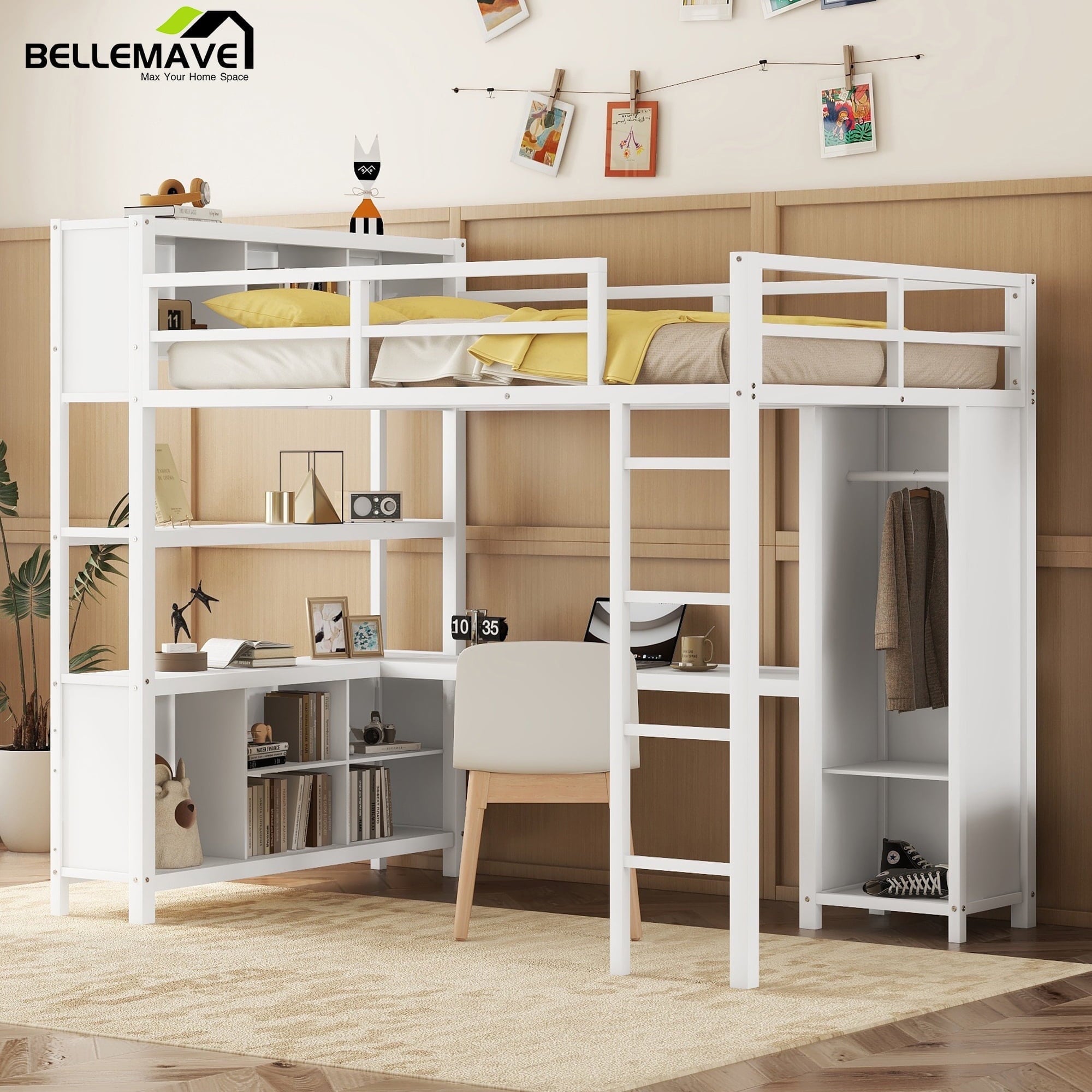 Bellemave Full Size Loft Bed with Desk and Storage, Metal Loft Bed Frame with Wardrobe, Storage Cubes and Shelves, Space Saving Loft Bed with Guardrails for Teens, Black