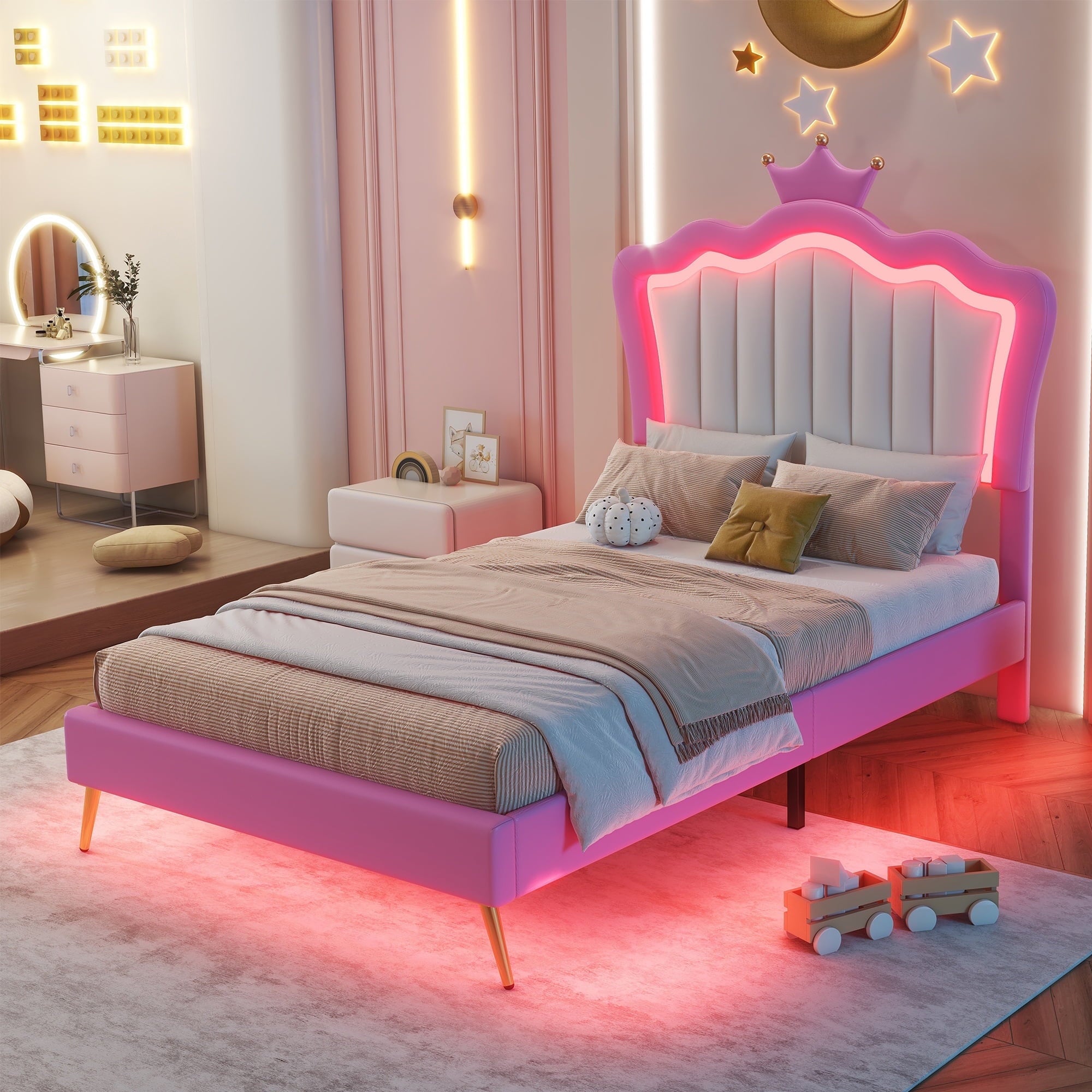 Bellemave Twin Size Upholstered LED Bed Frame, Princess Platform Bed with Crown Headboard, Pink Cute Girls Full Beds with Wooden Slats Support, No Box Spring Needed-Pink