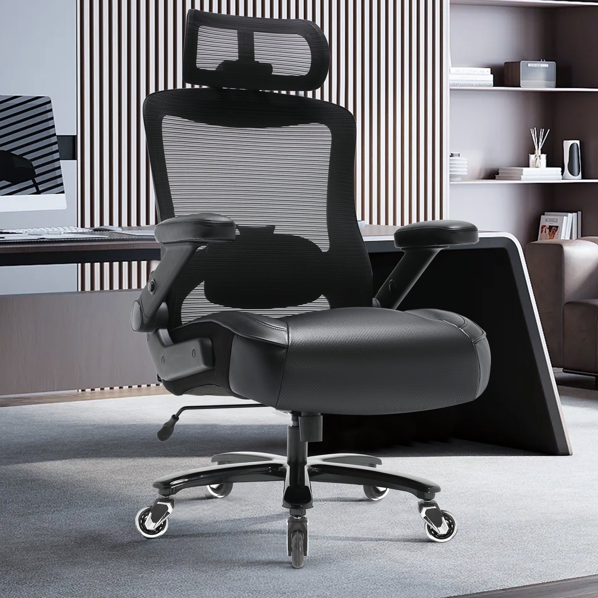 Big and Tall 600lbs Office Chair, High Back Mesh Desk Chair, Ergonomic Executive Computer Chair with Adjustable Lumbar Support Headrest 3D Flip Up Arms Heavy Duty Metal Base, Extra Wide Seat, Black