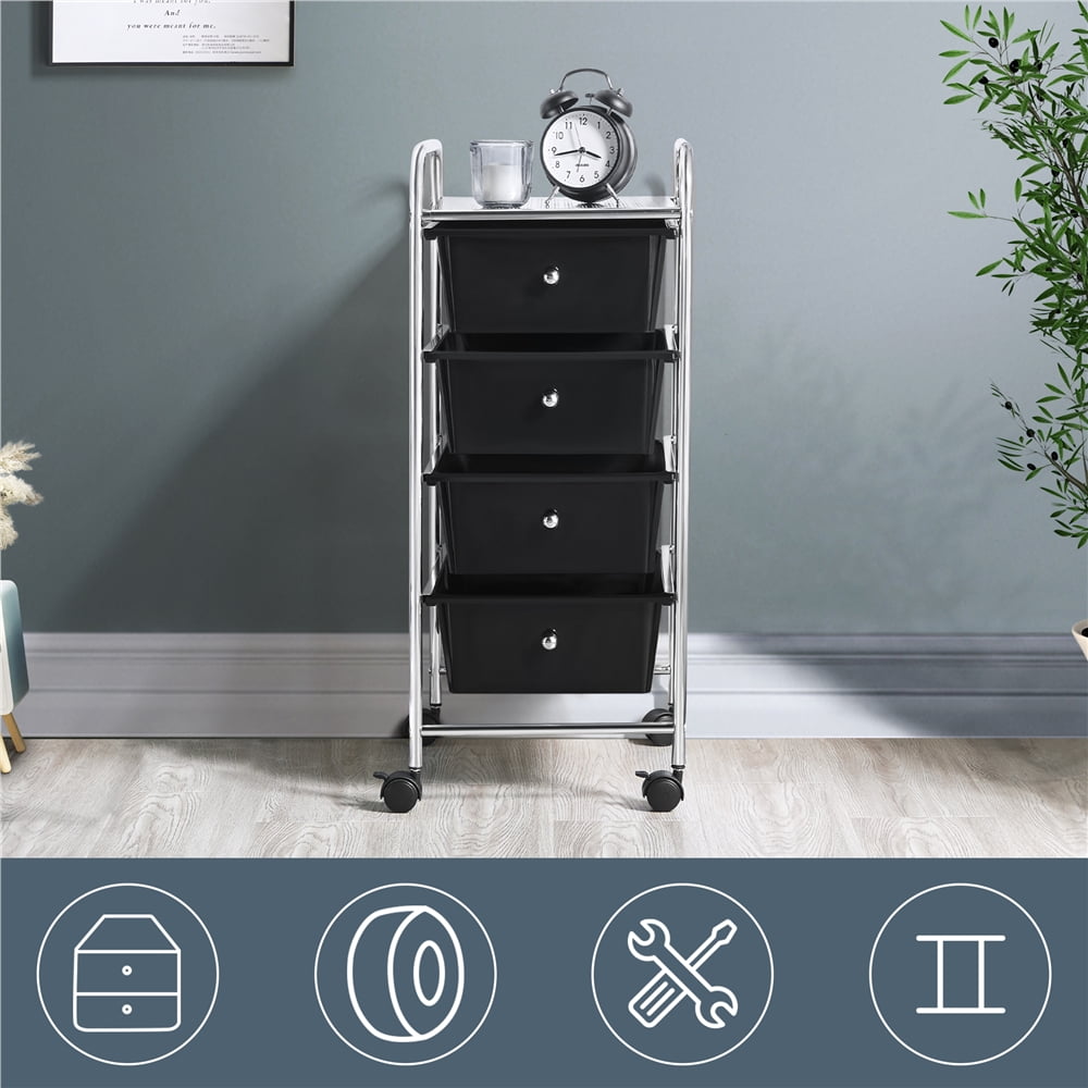Alden Design 4 Drawers Metal Frame Storage Cart Rolling Bin Trolley, Black