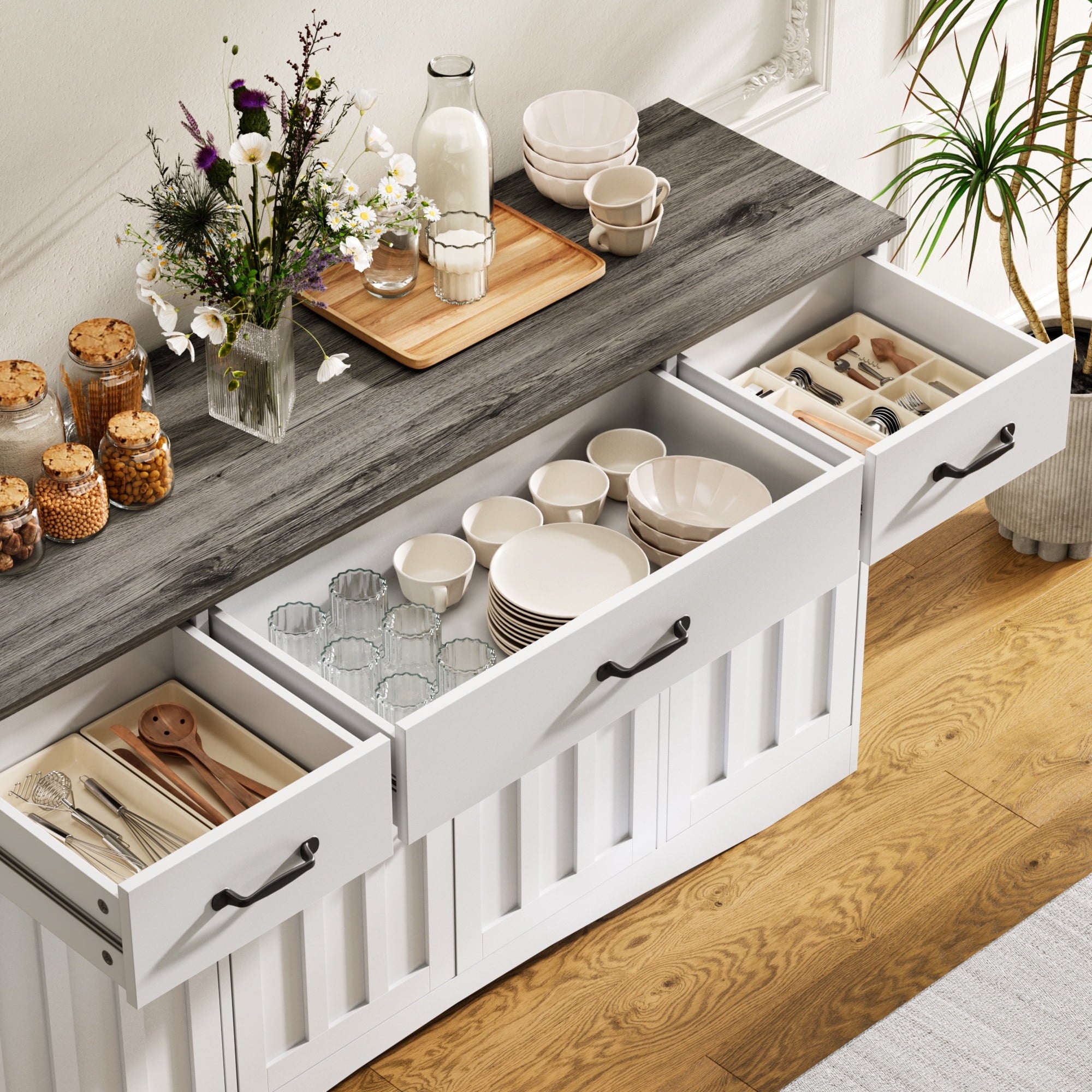 Aiho Modern Sideboard Buffet Cabinet with Storage – 55.1" W x 15.2" D x 31.9" H, Wooden Cabinet with Drawers and Doors for Dining Room, Kitchen, or Coffee Bar, White/Grey