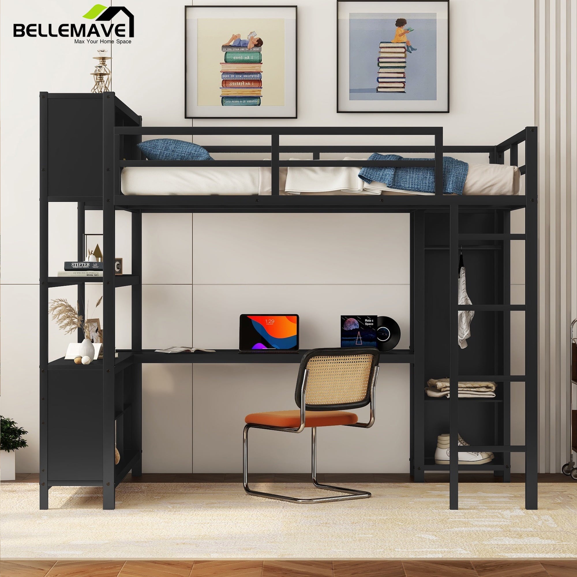 Bellemave Full Size Loft Bed with Desk and Storage, Metal Loft Bed Frame with Wardrobe, Storage Cubes and Shelves, Space Saving Loft Bed with Guardrails for Teens, Black