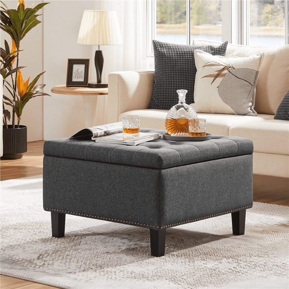 Alden Design Modern Linen-like Storage Ottoman Bench with Button-Tufted for Entryway, Dark Gray