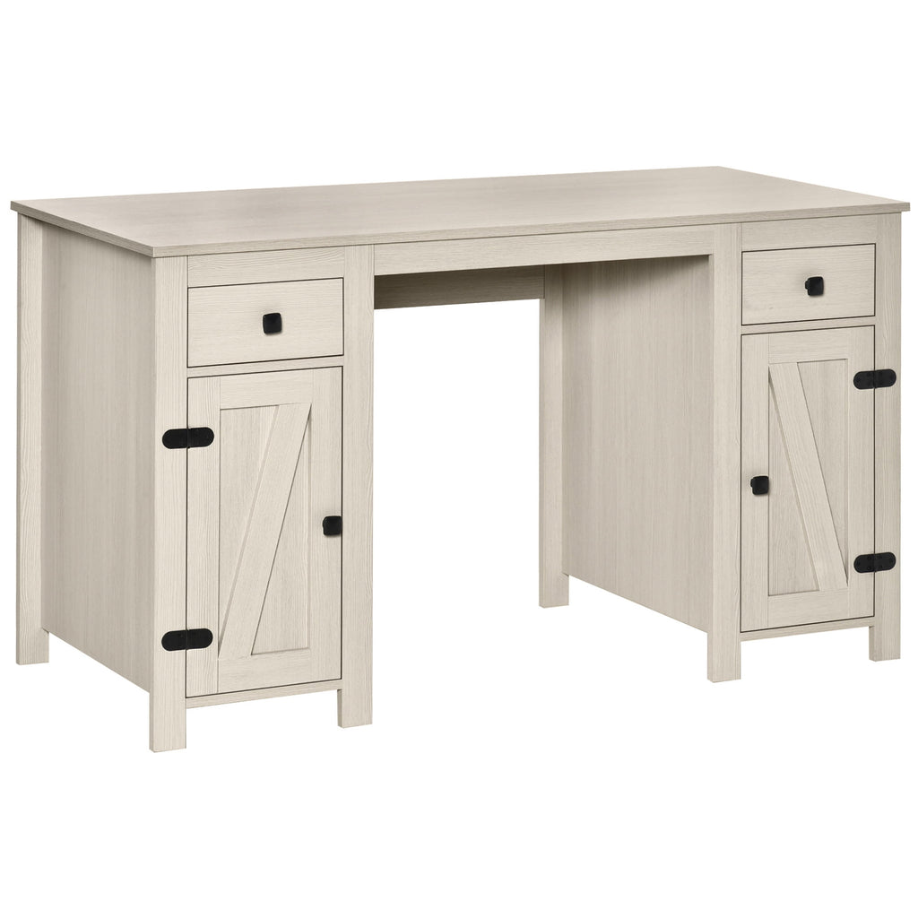 HomCom Farm Style Home Office Computer Desk with 2 Drawers, 2 Cabinets with Metal Accent Hardware, White